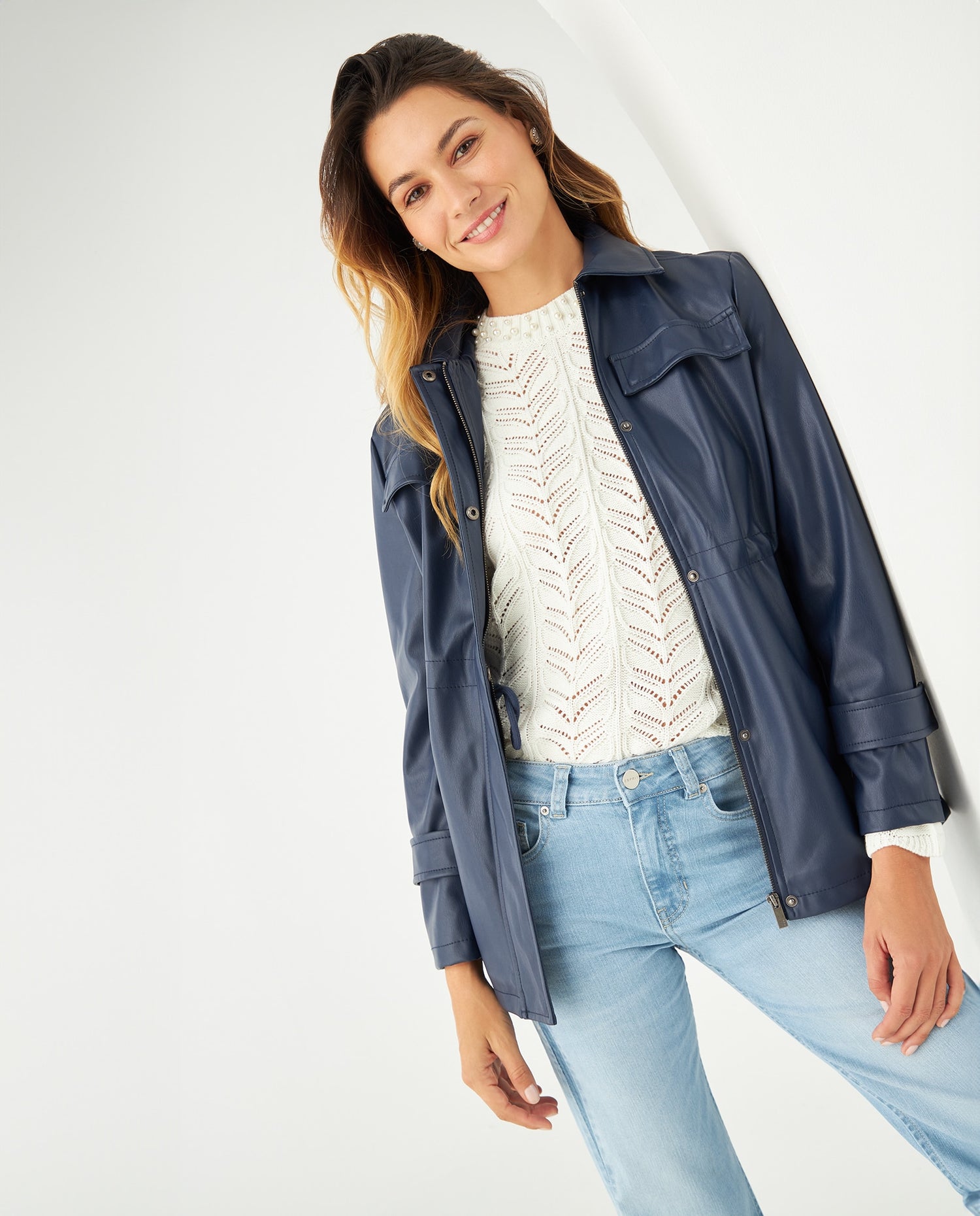 Chaqueta con correa en mangas para mujer - Azul