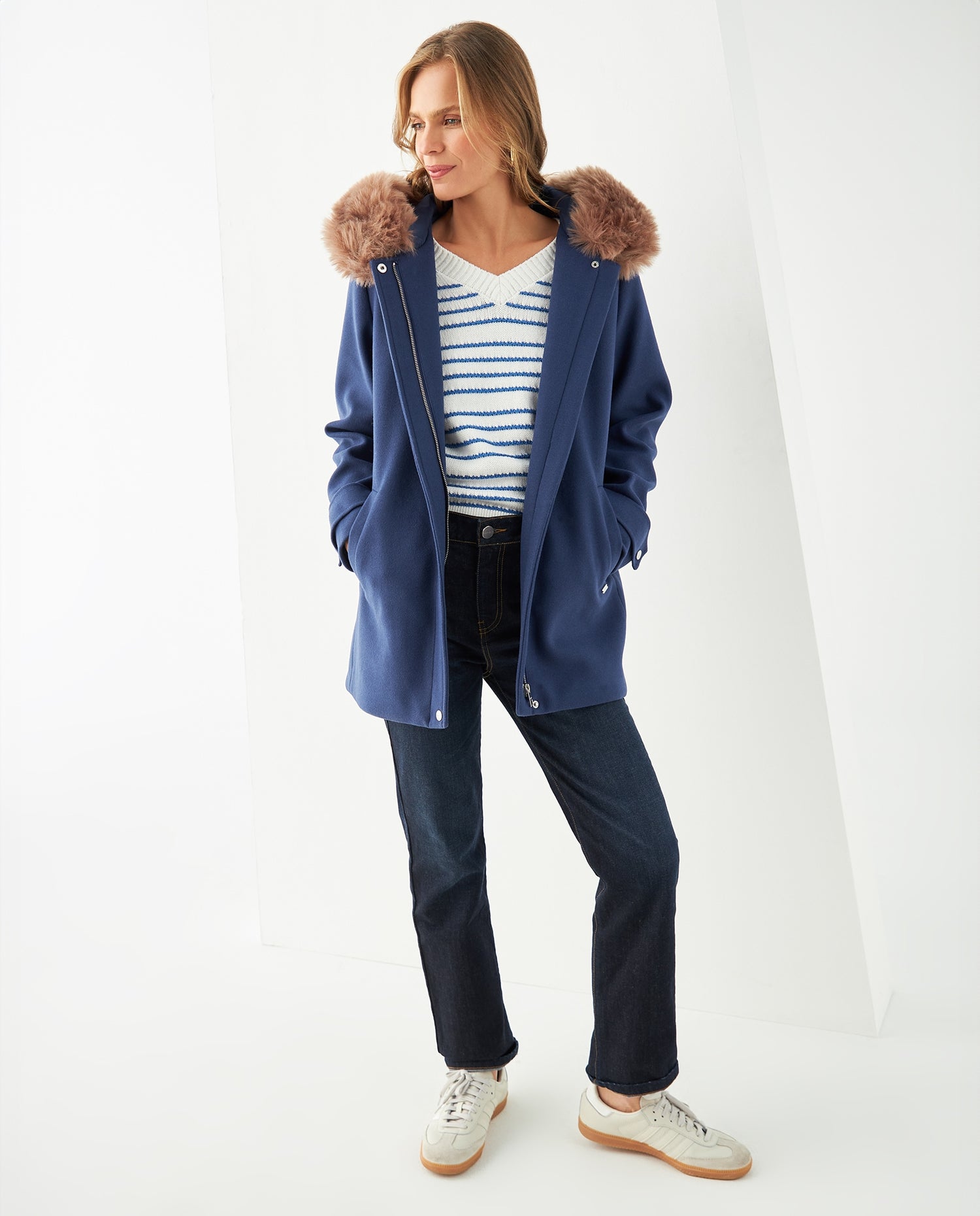 Abrigo con capucha afelpada para mujer - Azul