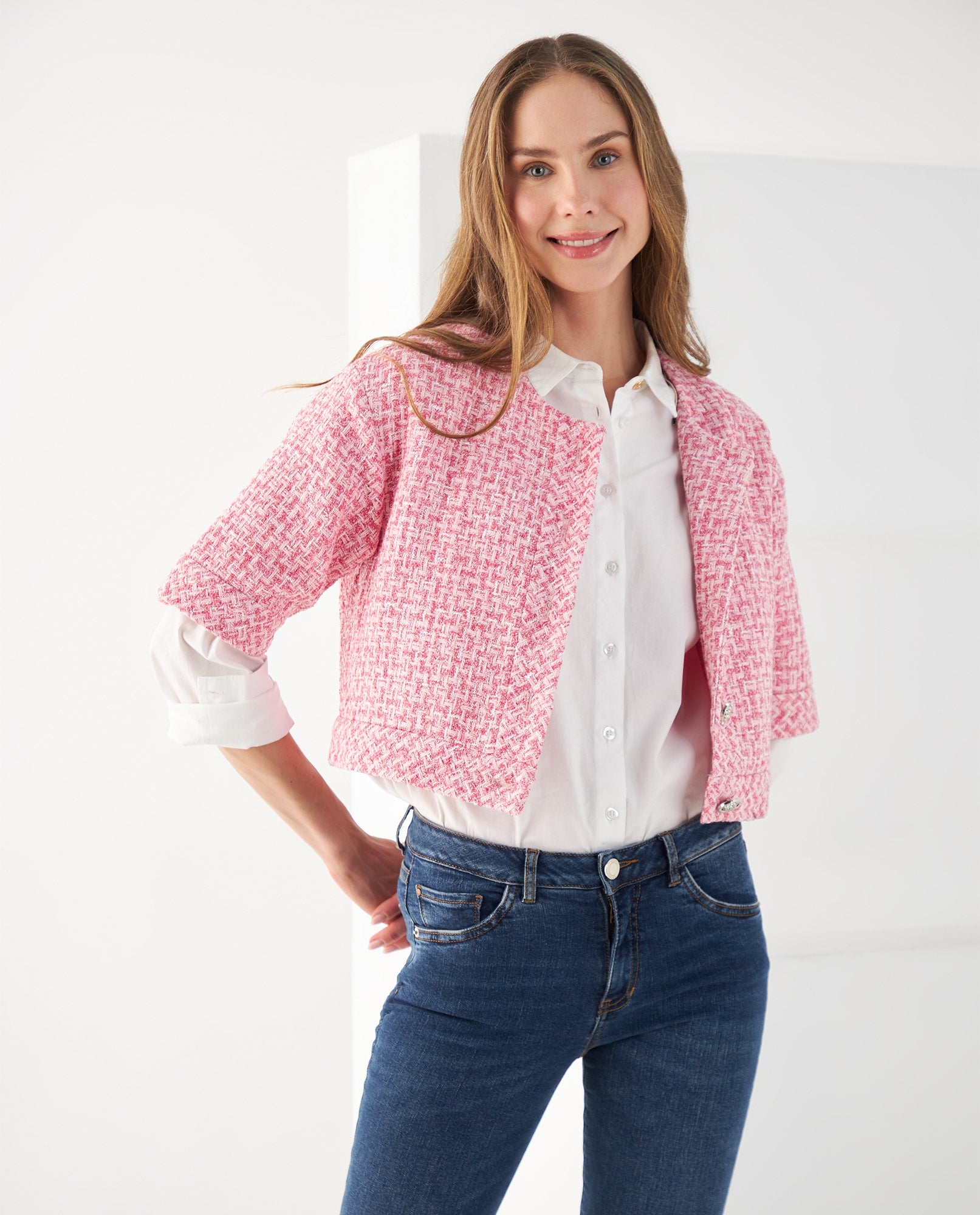 Chaqueta de diseño abierto para mujer - Rosa 34_422F211_ROS171928_0