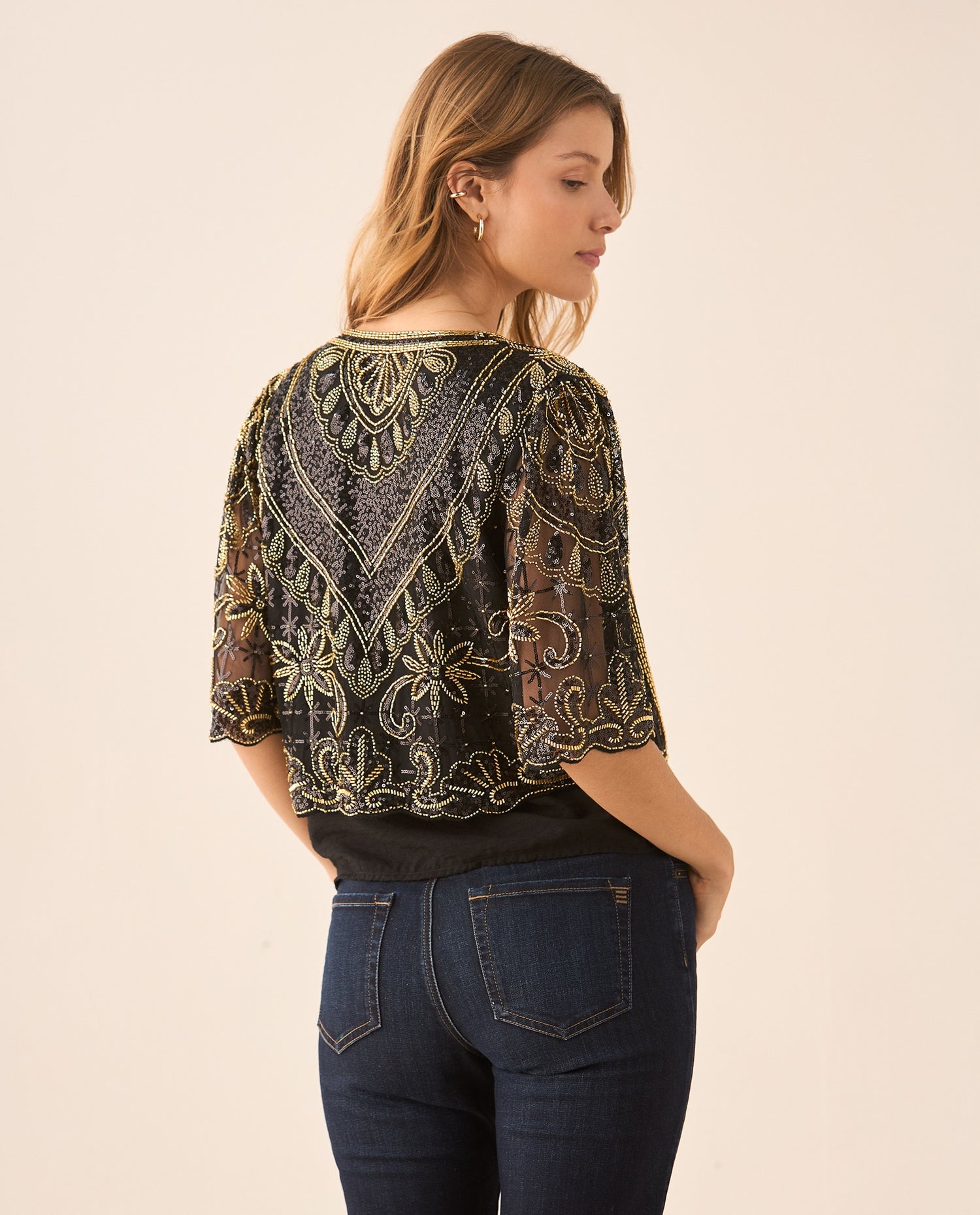 Tocado tipo camisa con transparencia para mujer - Negro