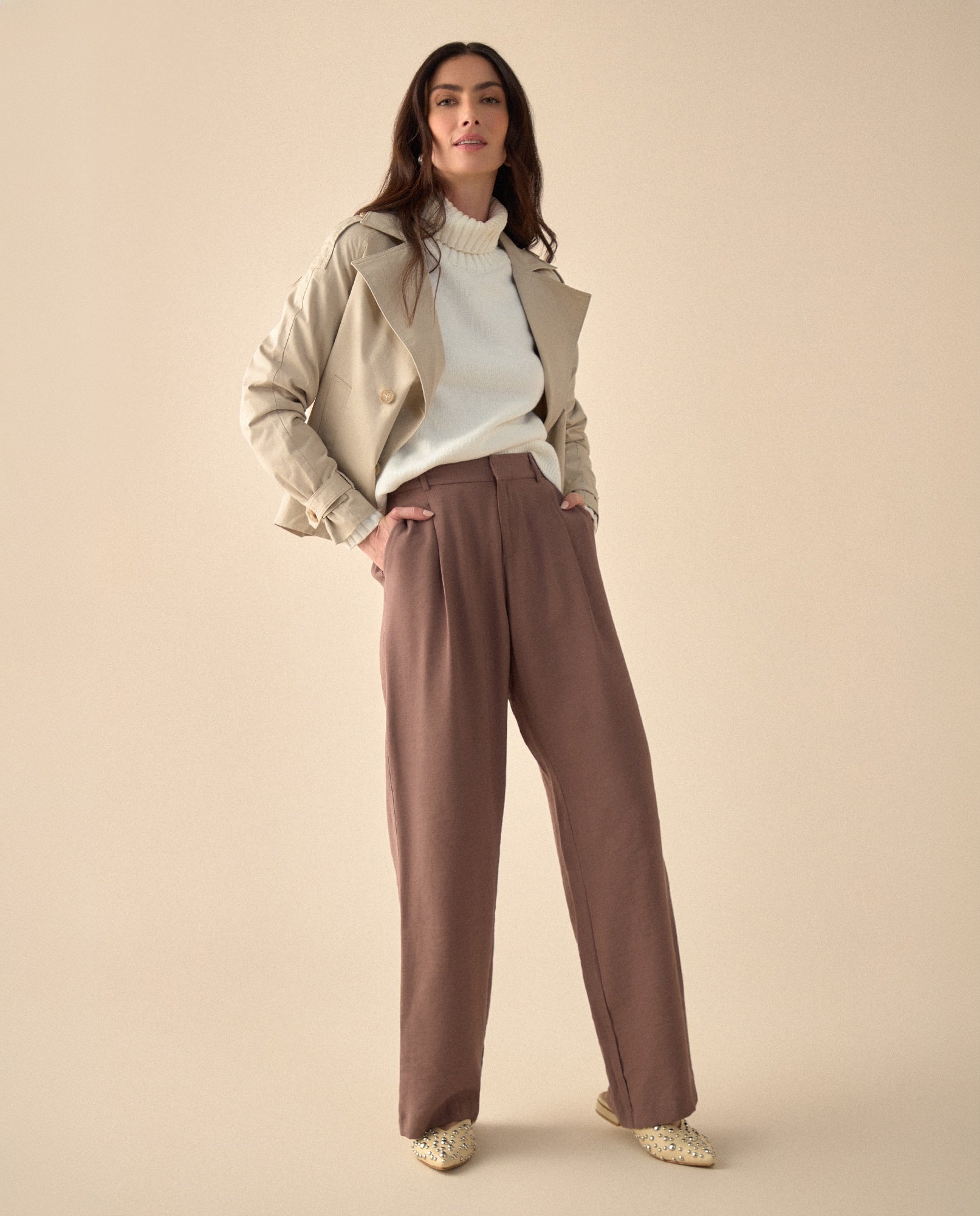 Pantalón de bota recta con pinzas para mujer - Café 34_431G007_CAF181312_0