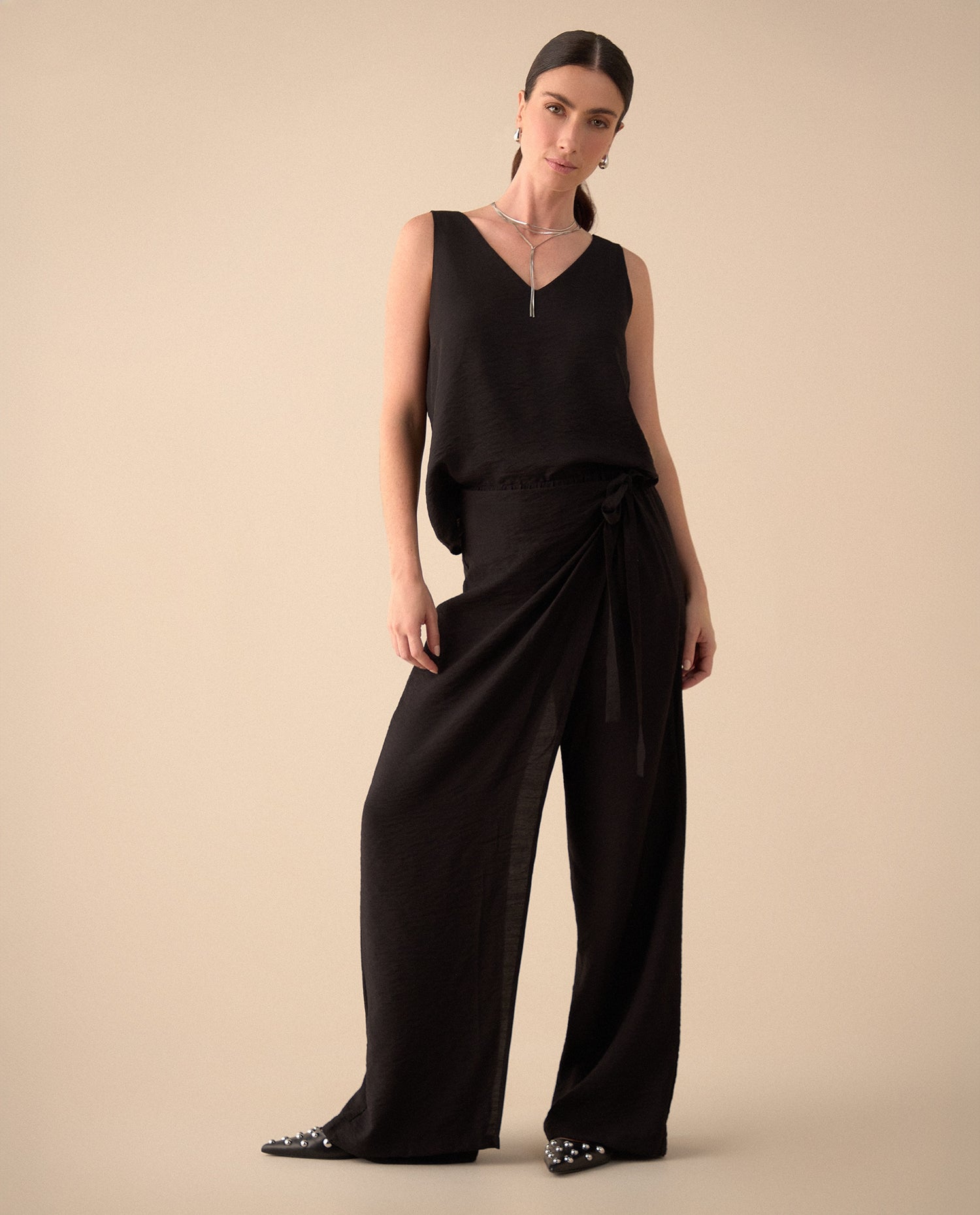 Pantalón de ajuste cruzado en pretina para mujer - Negro