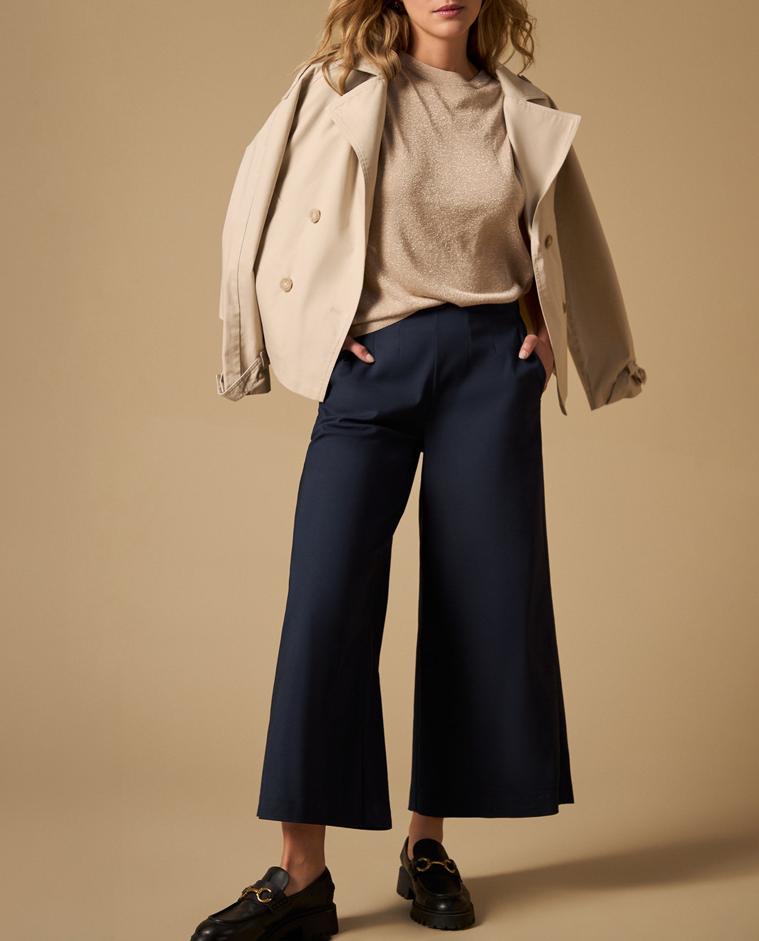 Pantalón culotte con pliegues frontales - Azul