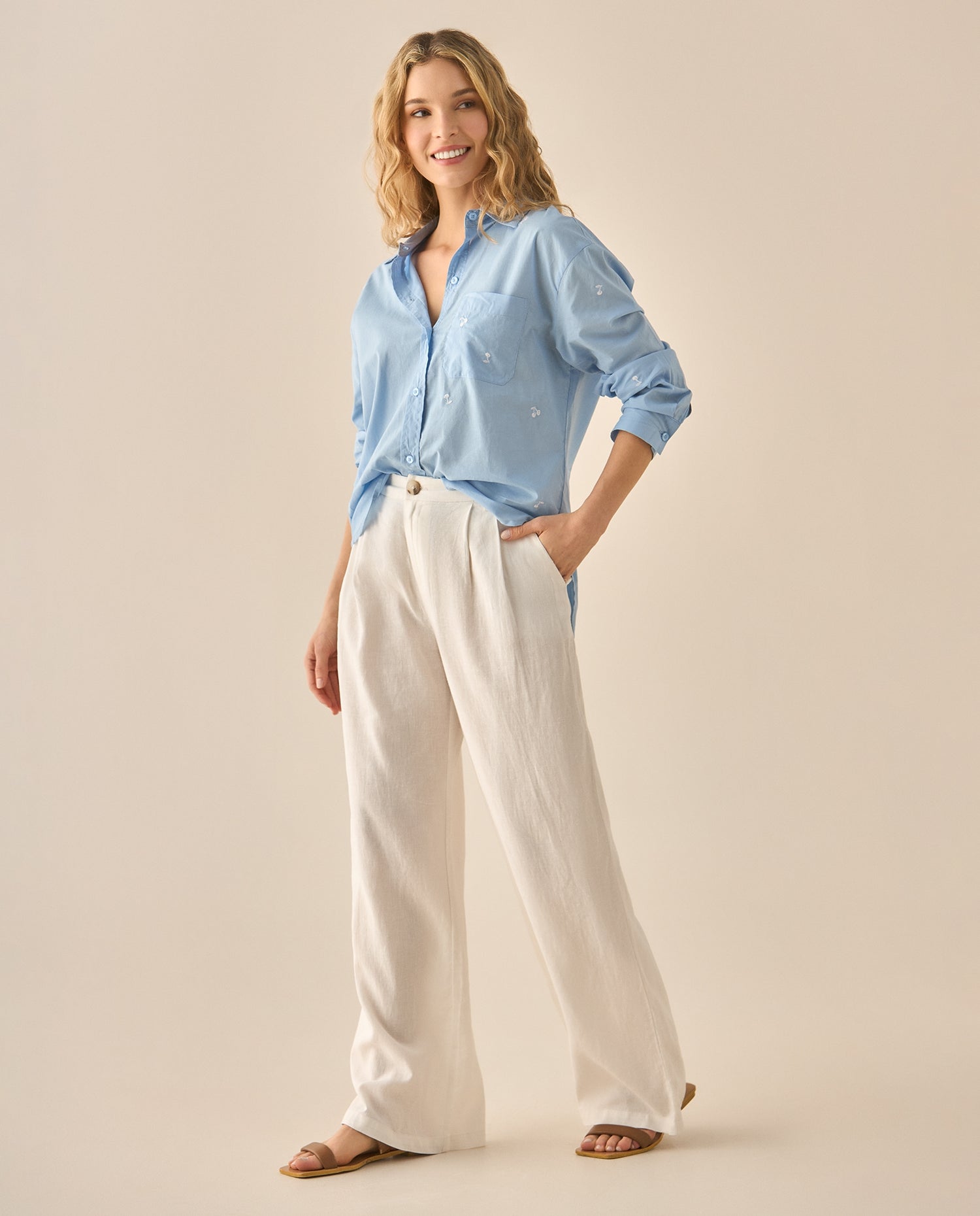Pantalón bota recta con elastico posterior para mujer - Crudo
