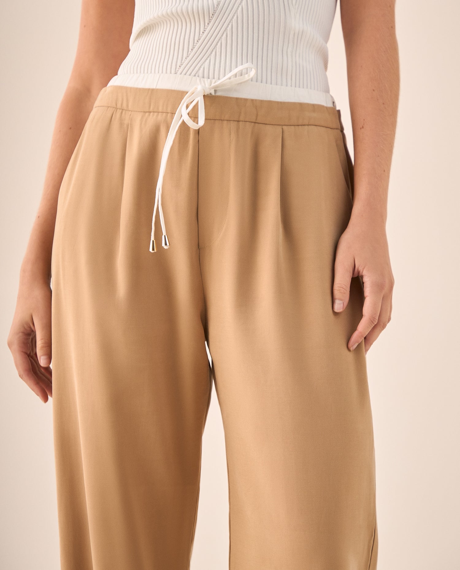 Pantalón Wide Leg Café con Cordón Ajustable - Cafe