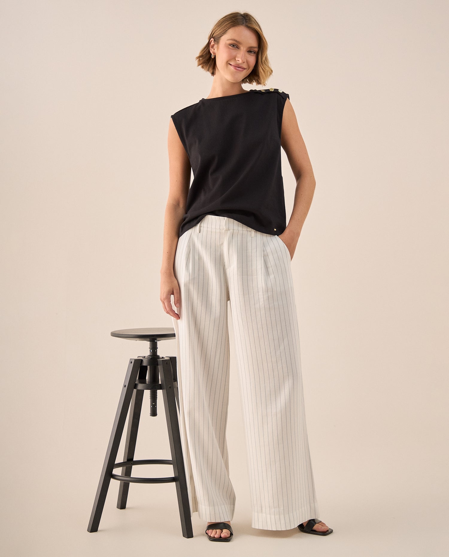 Pantalón Wide Leg con Rayas Verticales - Blanco
