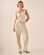 Pantalón Recto Rayas Beige con Detalle Dorado - Beige