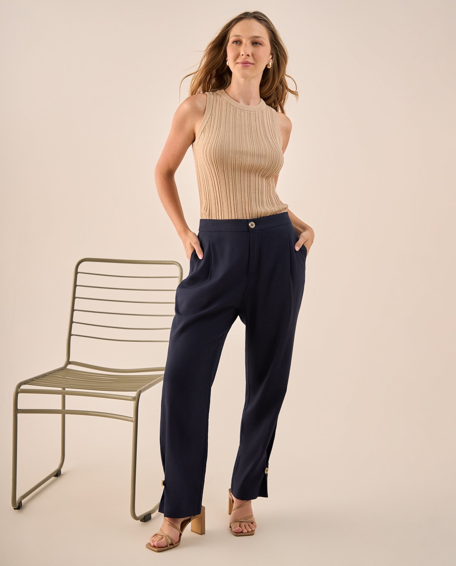Pantalón Wide Leg Azul con Pliegues Frontales - Azul