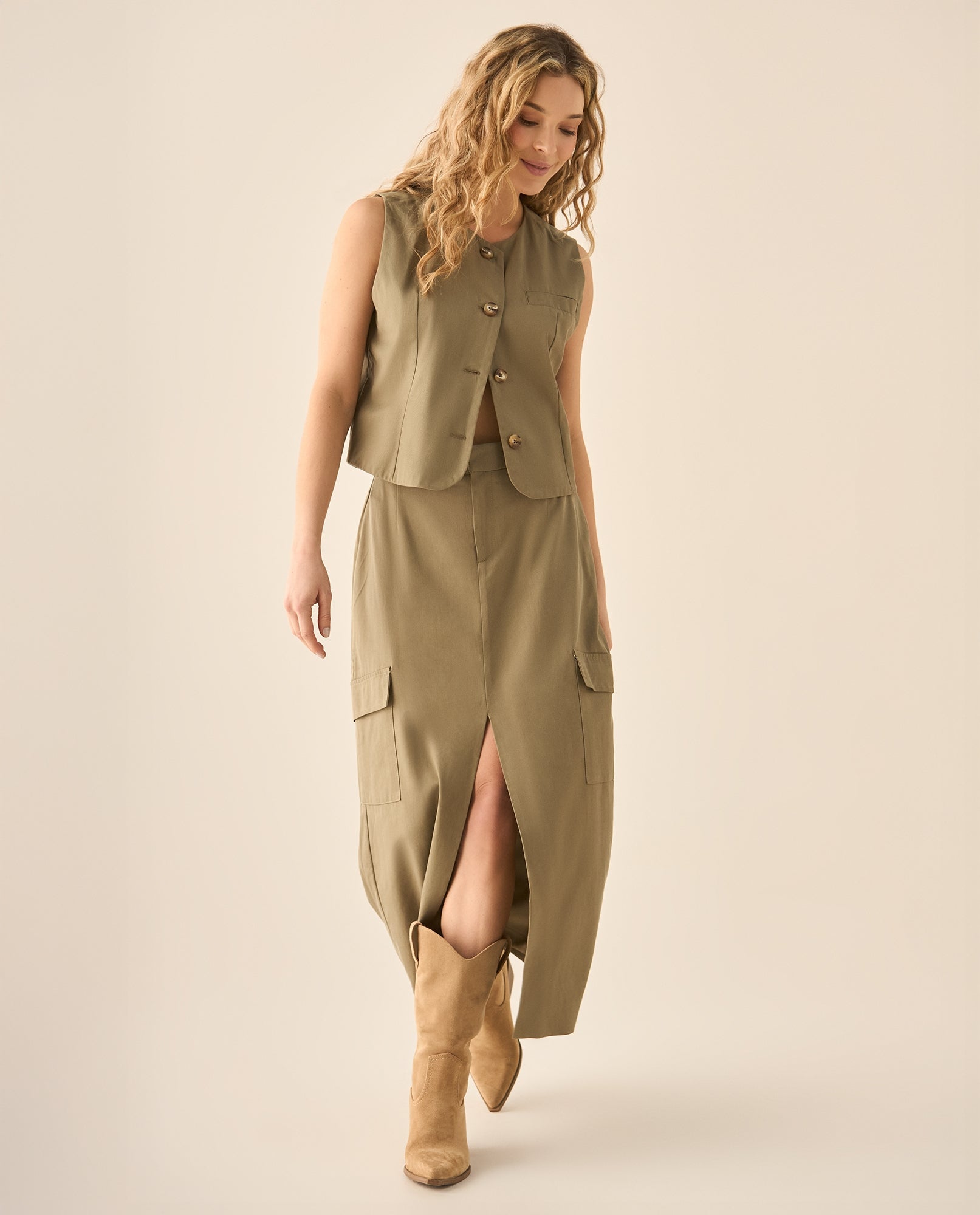 Falda larga con bolsillos tipo cargo para mujer  - Verde 34_443G000_VER170618_0