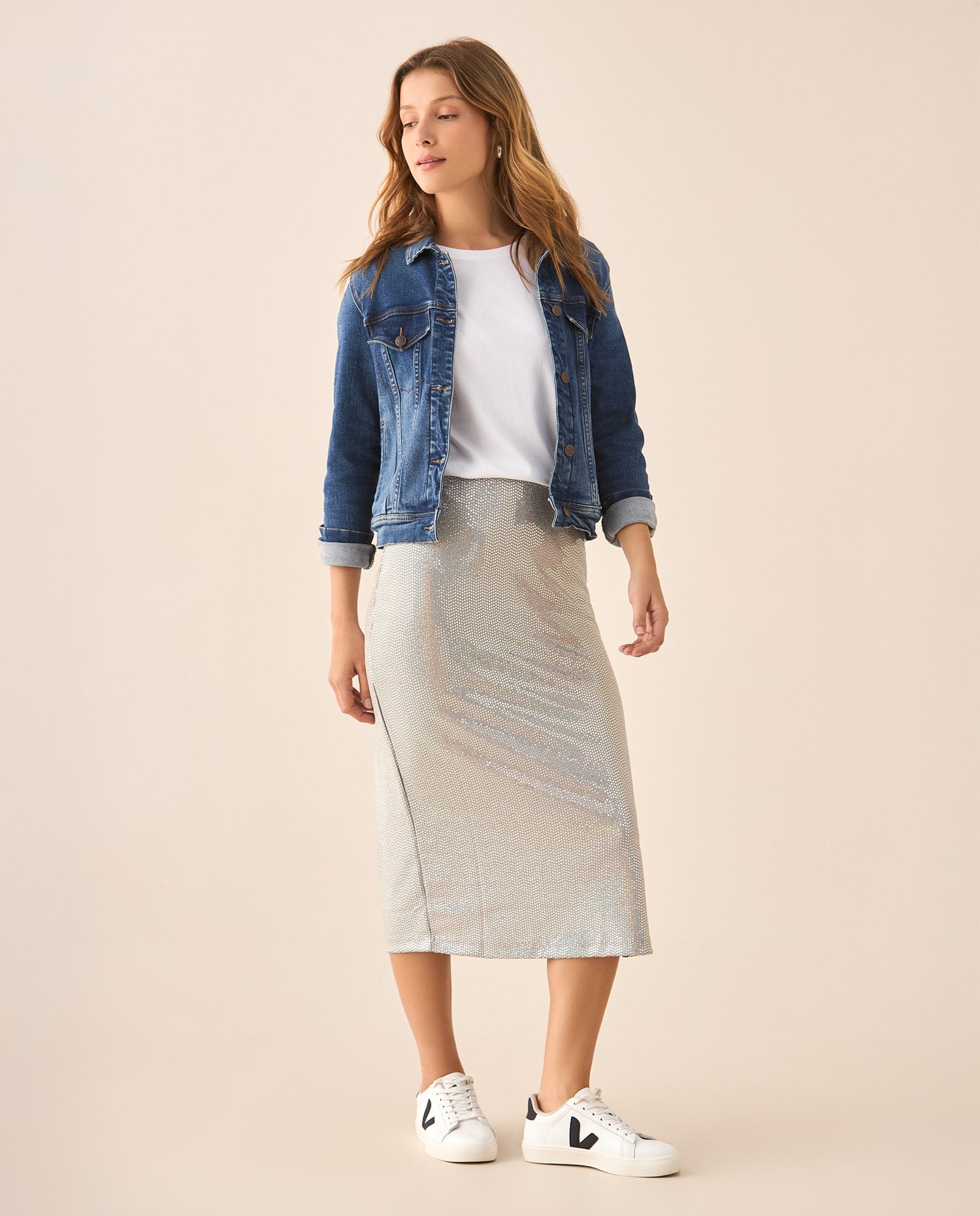 Falda midi con apliques brillantes para mujer - Gris