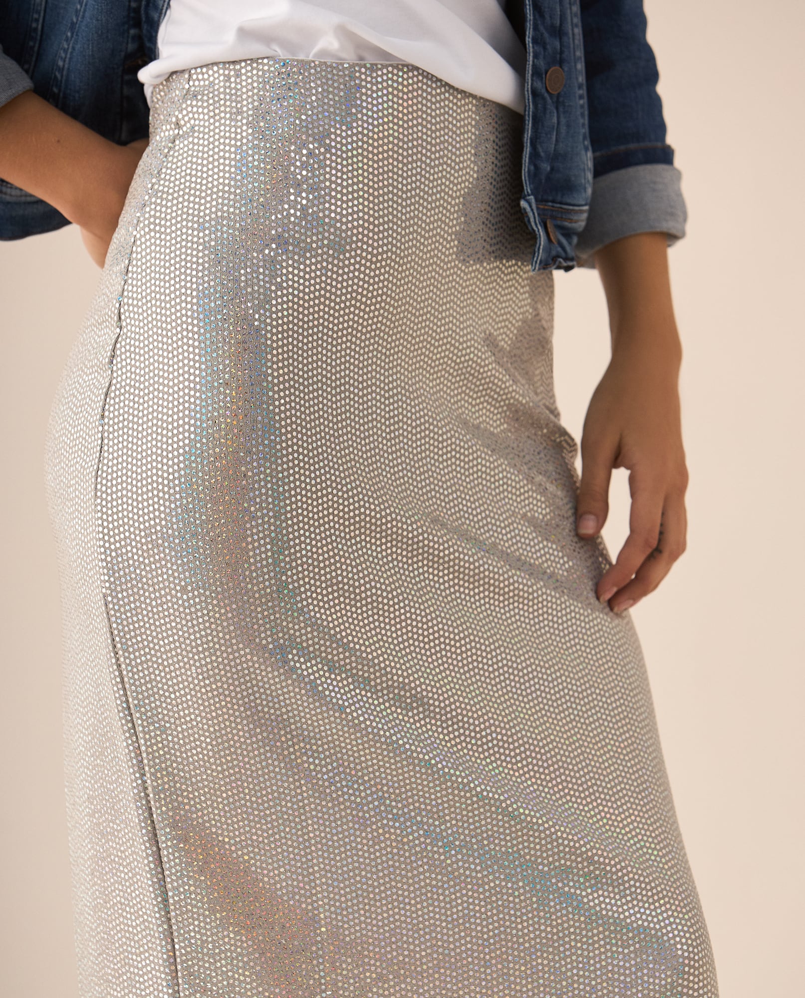 Falda midi con apliques brillantes para mujer - Gris 34_449F000_GRI144202_3