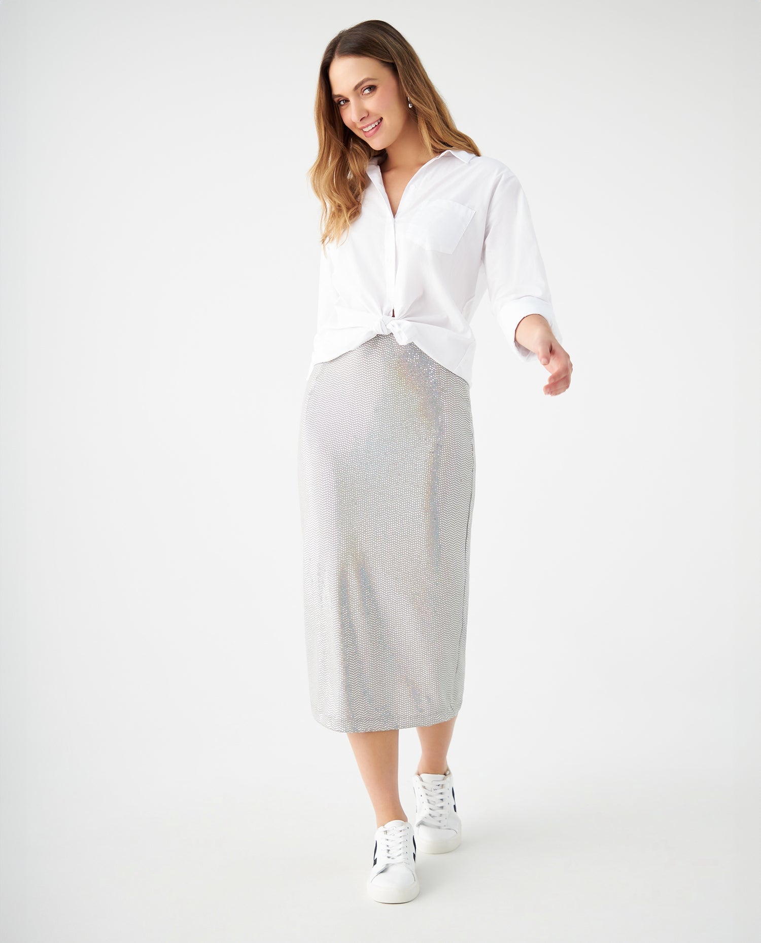 Falda midi con apliques brillantes para mujer - Gris