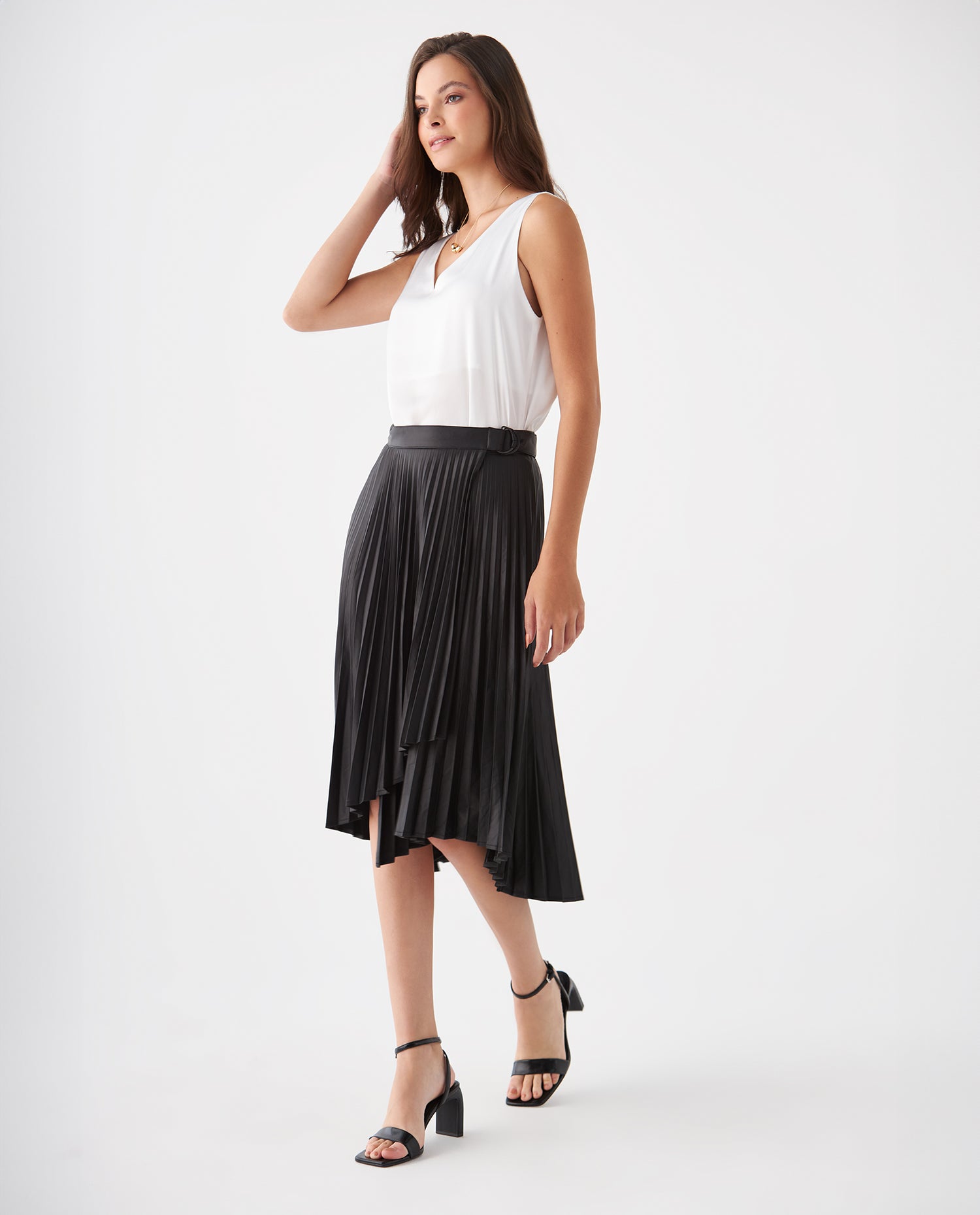 Falda plisada tipo cuero para mujer - Negro