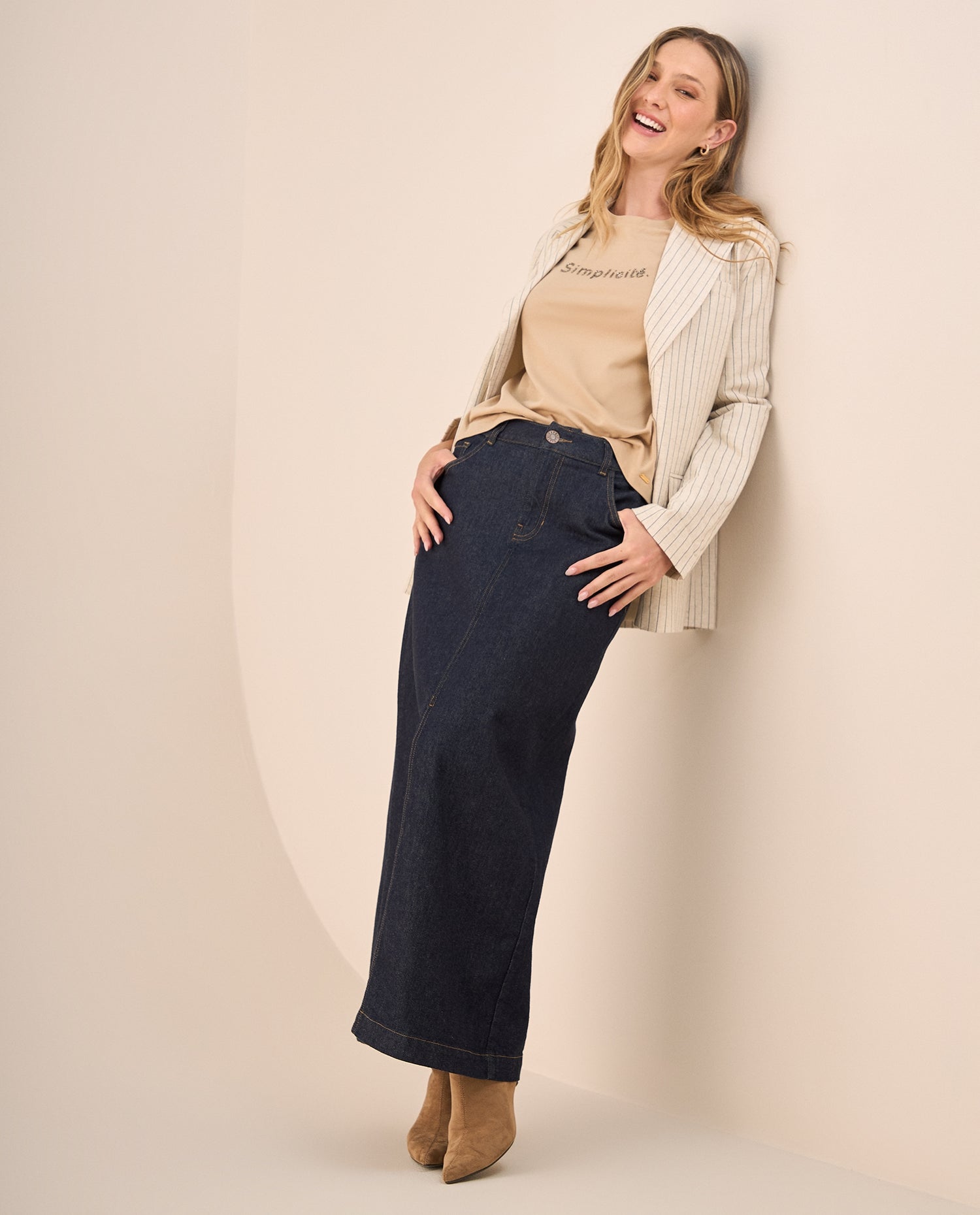 Falda Denim Larga Tiro Alto - Azul