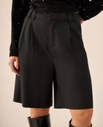 Shorts Negros Cintura Alta con Pliegues - Negro