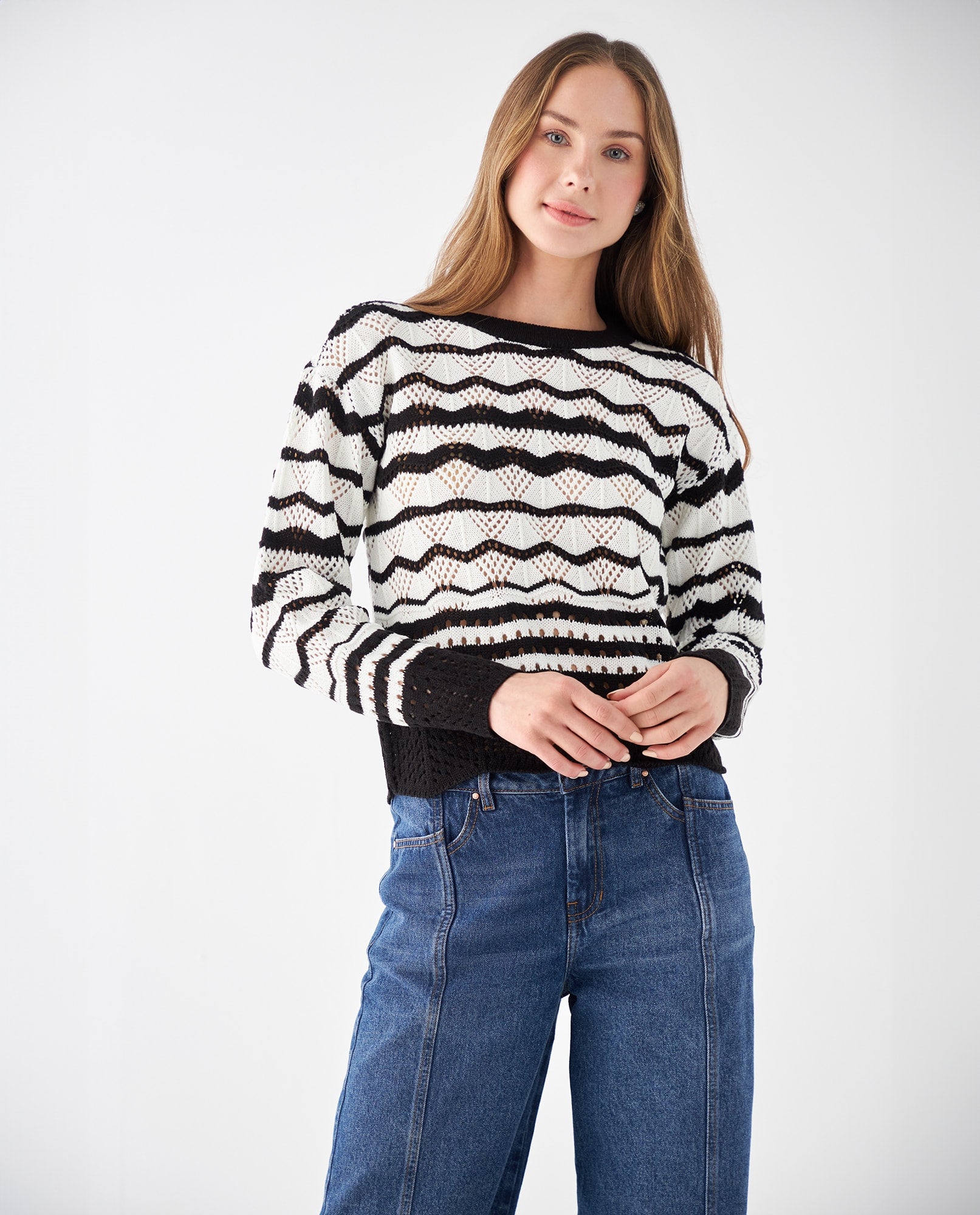 Buzo tejido con detalles desagujados para mujer - Crudo 34_462F109_CRU111001_0