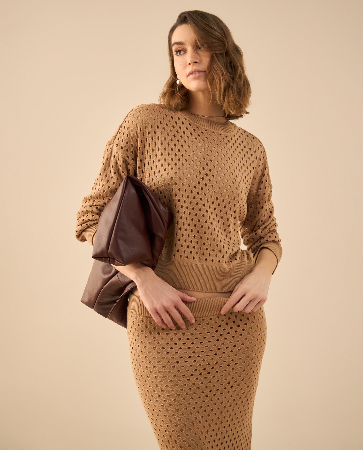 Camisa tejida con detalles desagujados para mujer - Café
