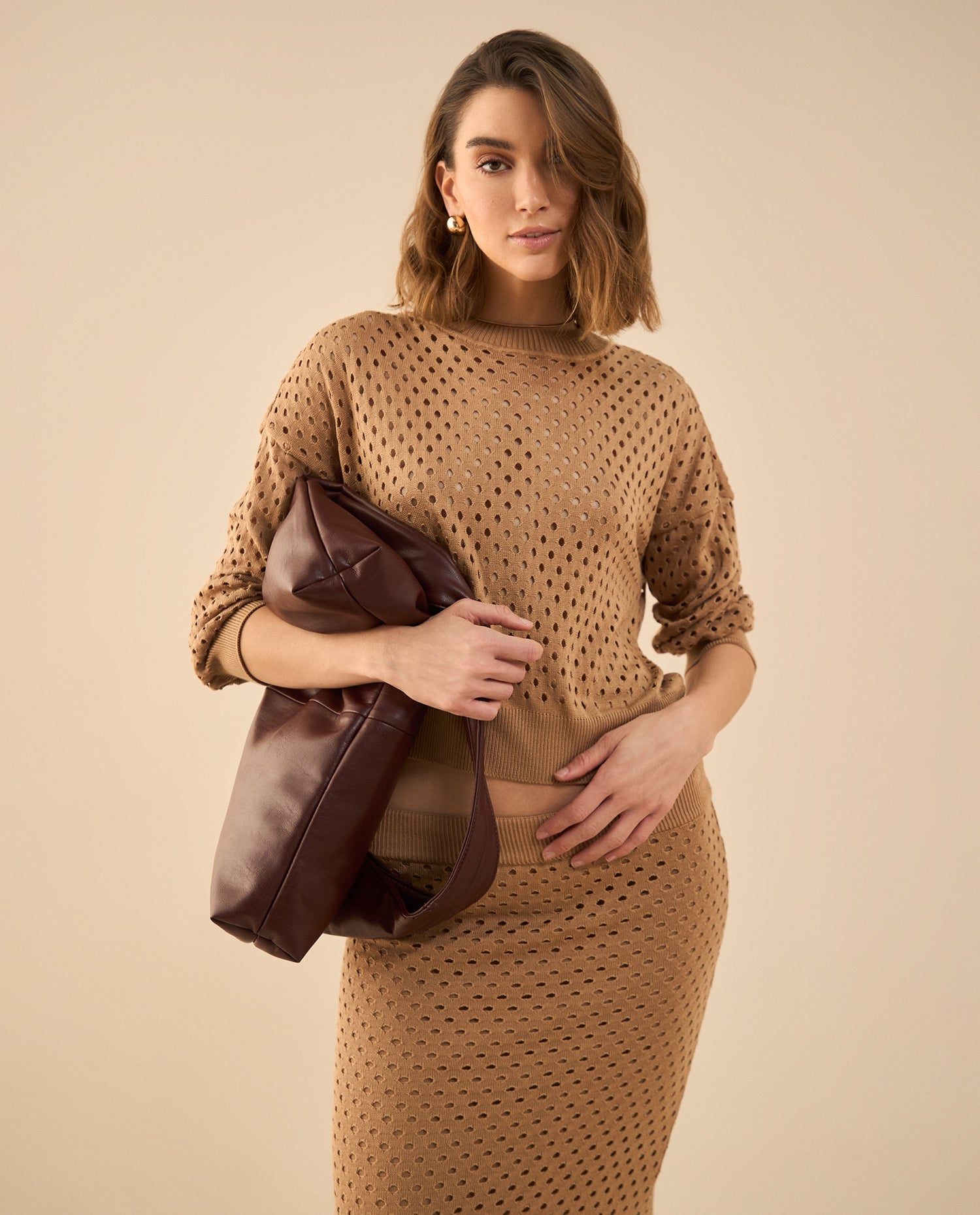 Camisa tejida con detalles desagujados para mujer - Café