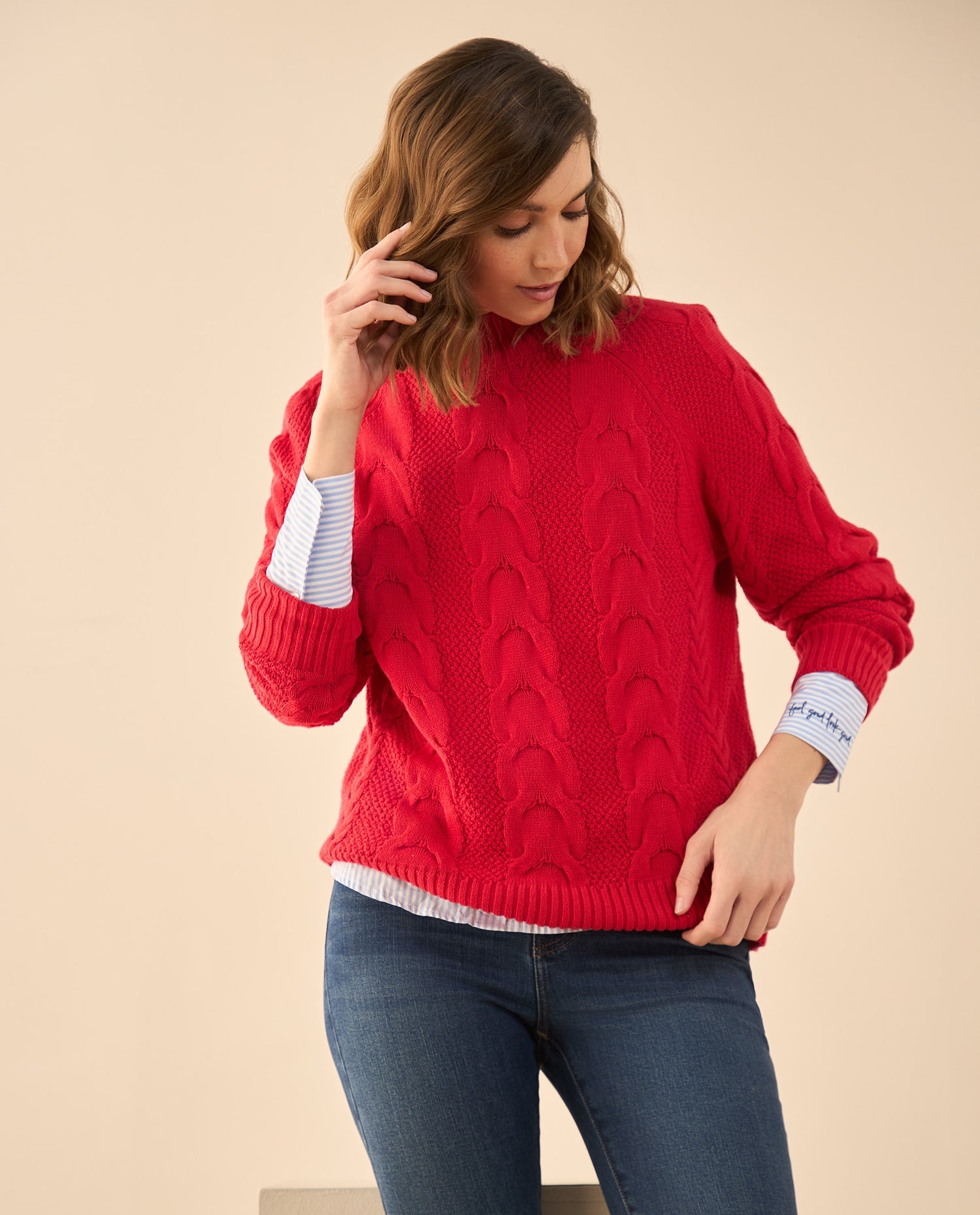 Buzo tejido de diseño cerrado para mujer - Rojo
