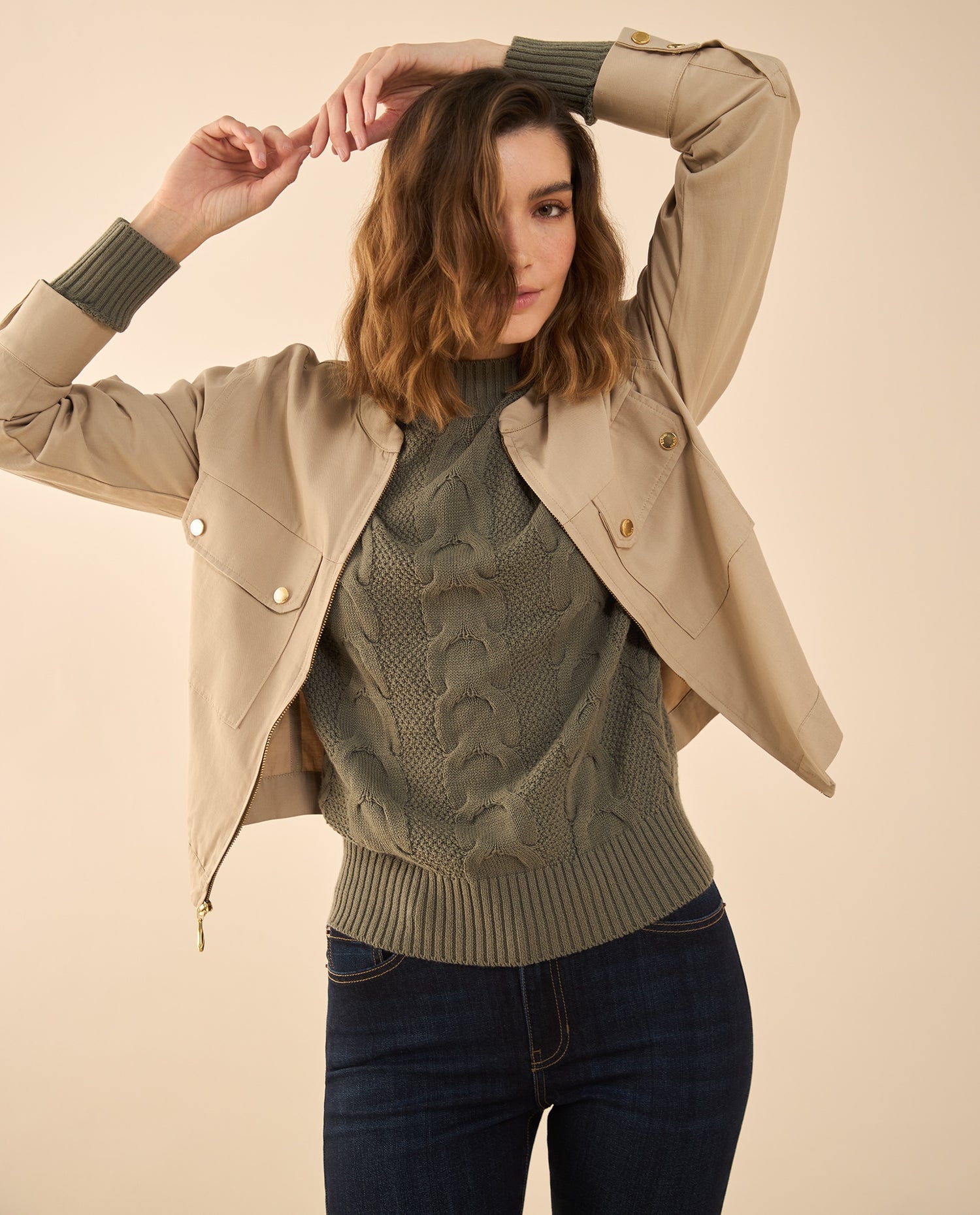 Buzo tejido de diseño cerrado para mujer - Verde