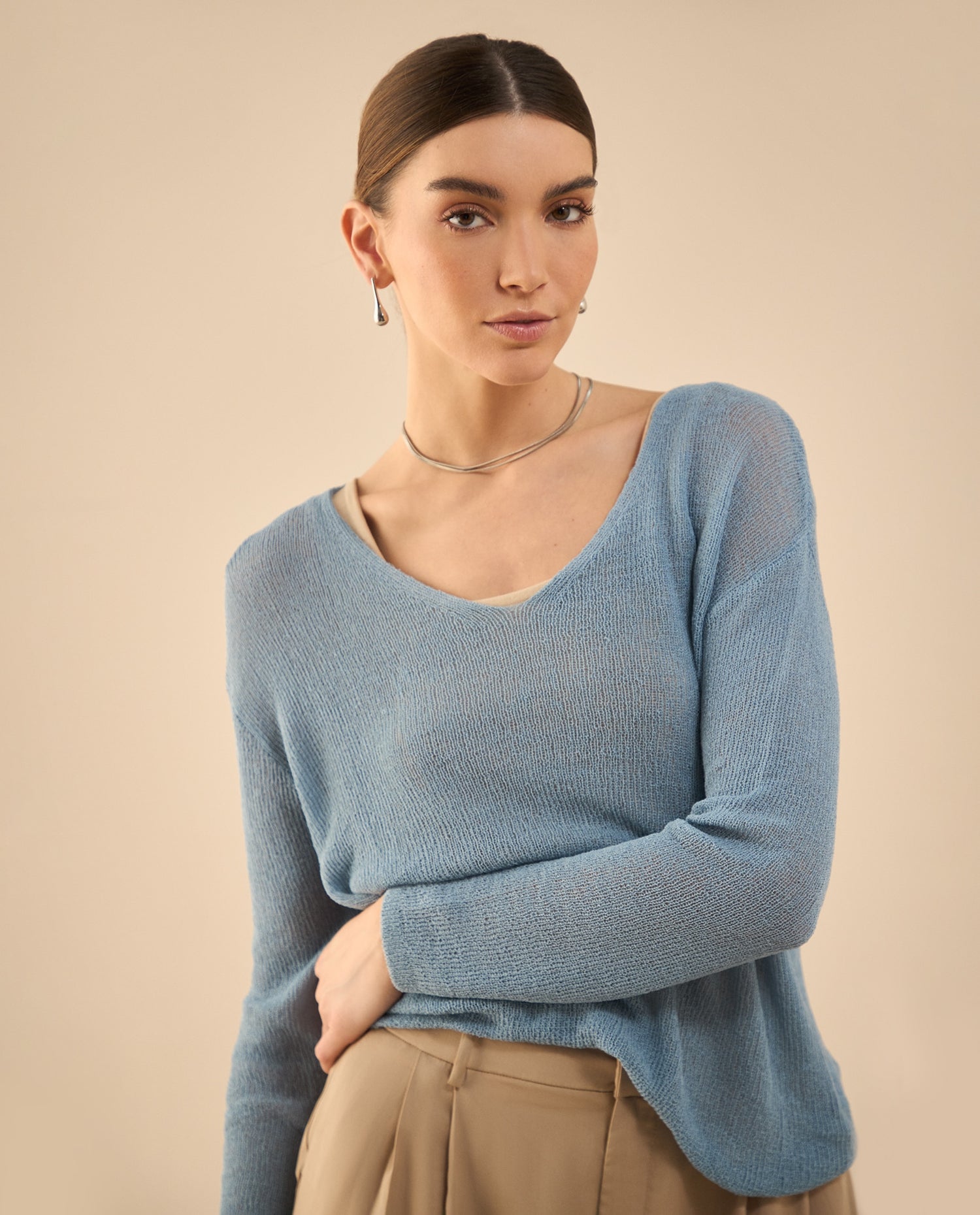 Camisa tejida con escote en V para mujer - Azul