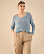 Camisa tejida con escote en V para mujer - Azul
