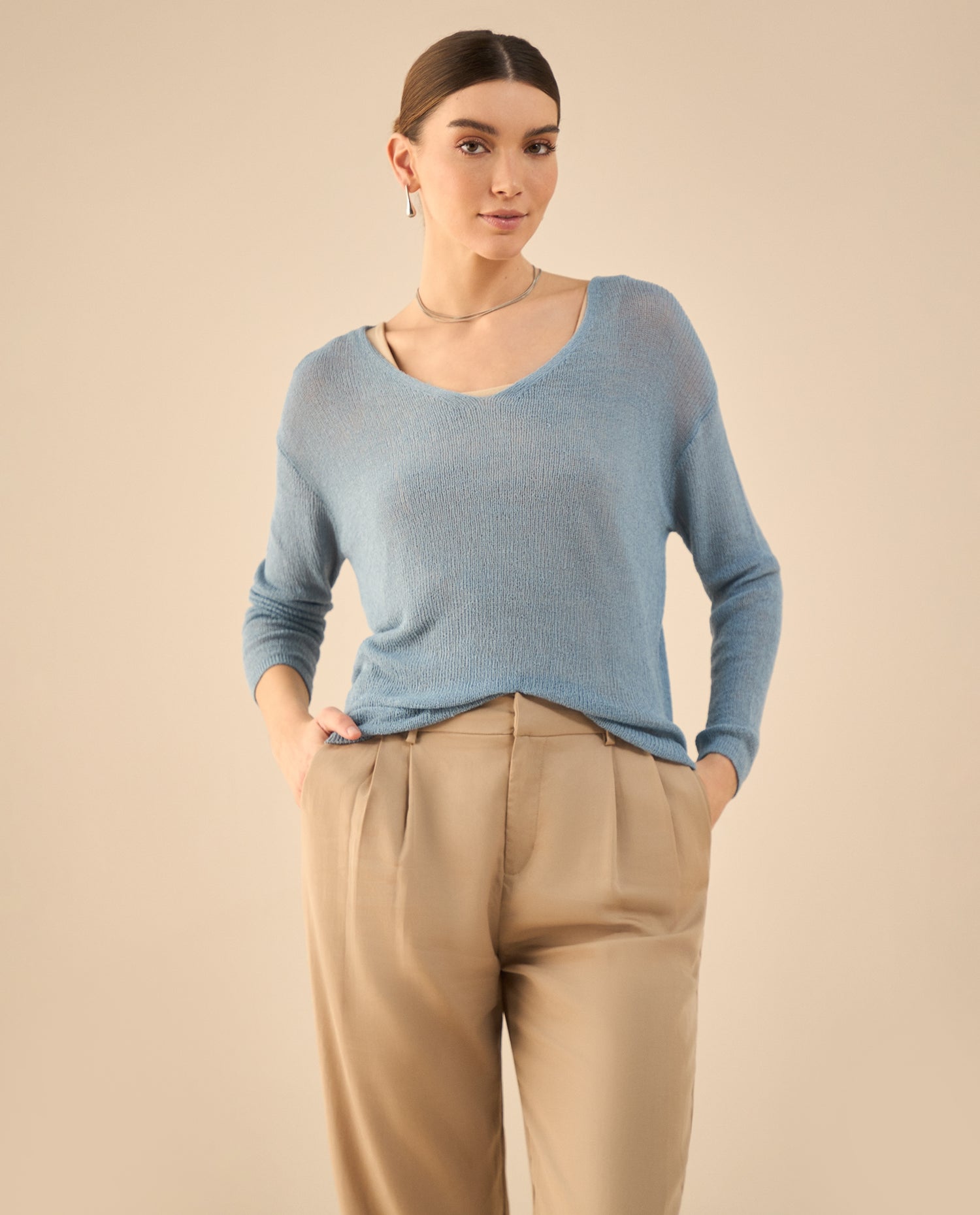 Camisa tejida con escote en V para mujer - Azul