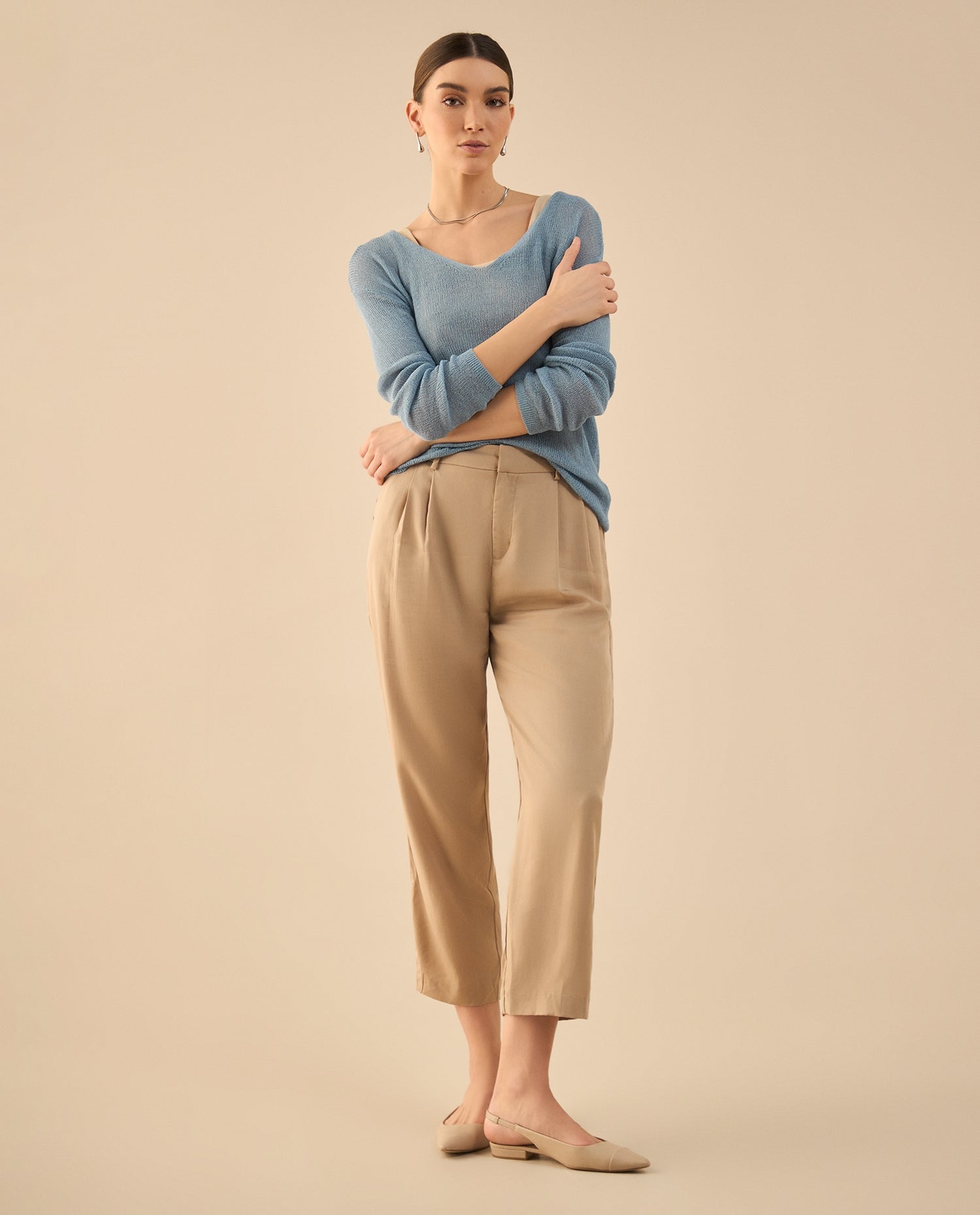 Camisa tejida con escote en V para mujer - Azul