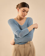 Camisa tejida con escote en V para mujer - Azul