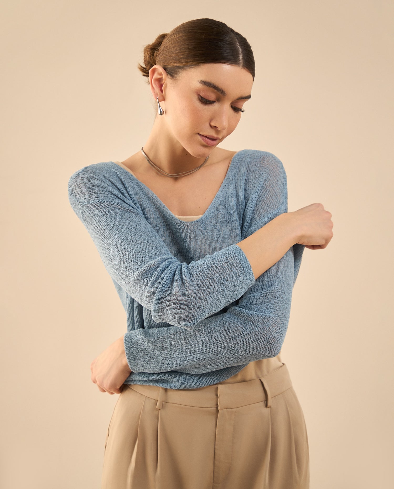 Camisa tejida con escote en V para mujer - Azul