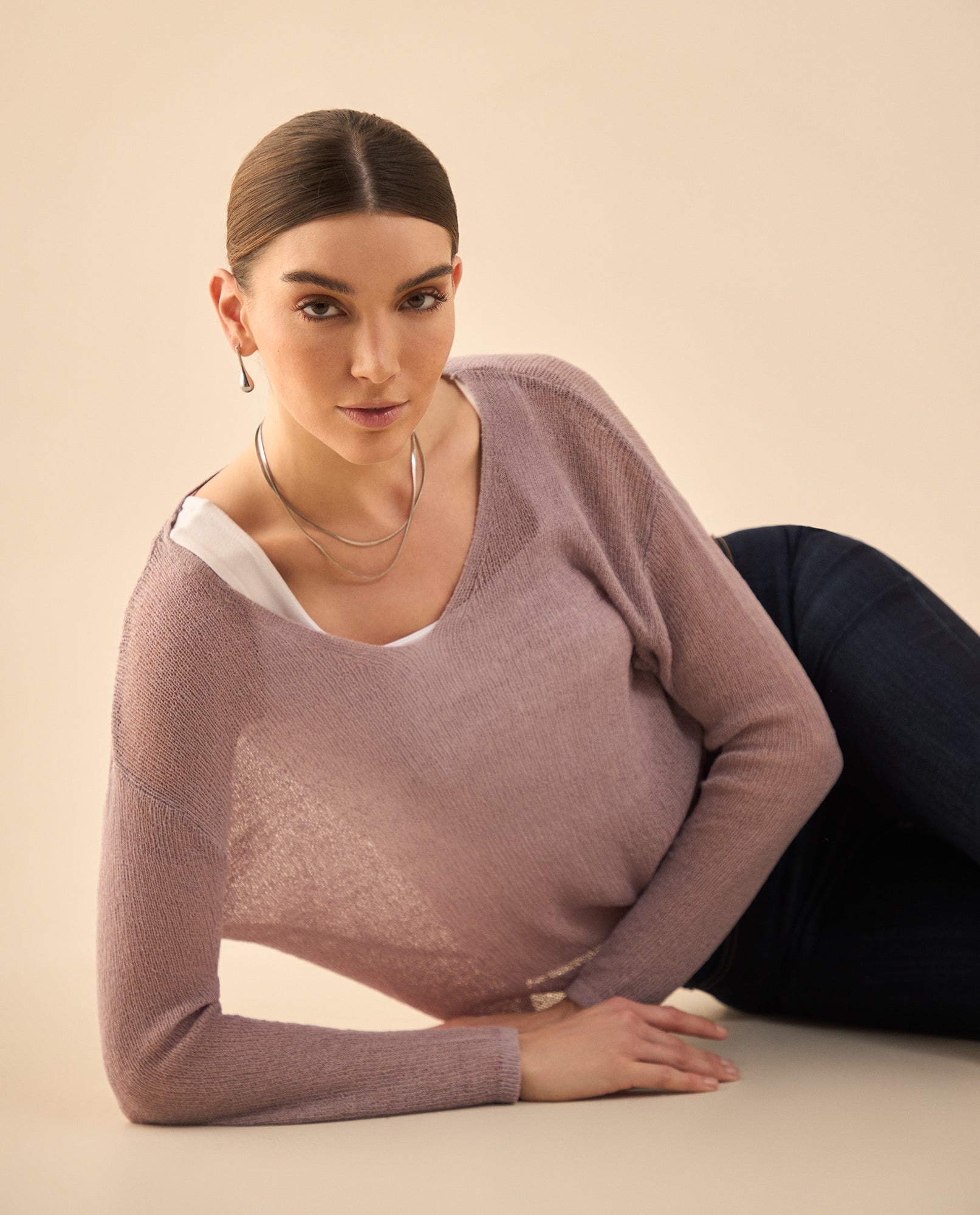 Camisa tejida con escote en V para mujer - Morado 34_462G204_MOR163812_0