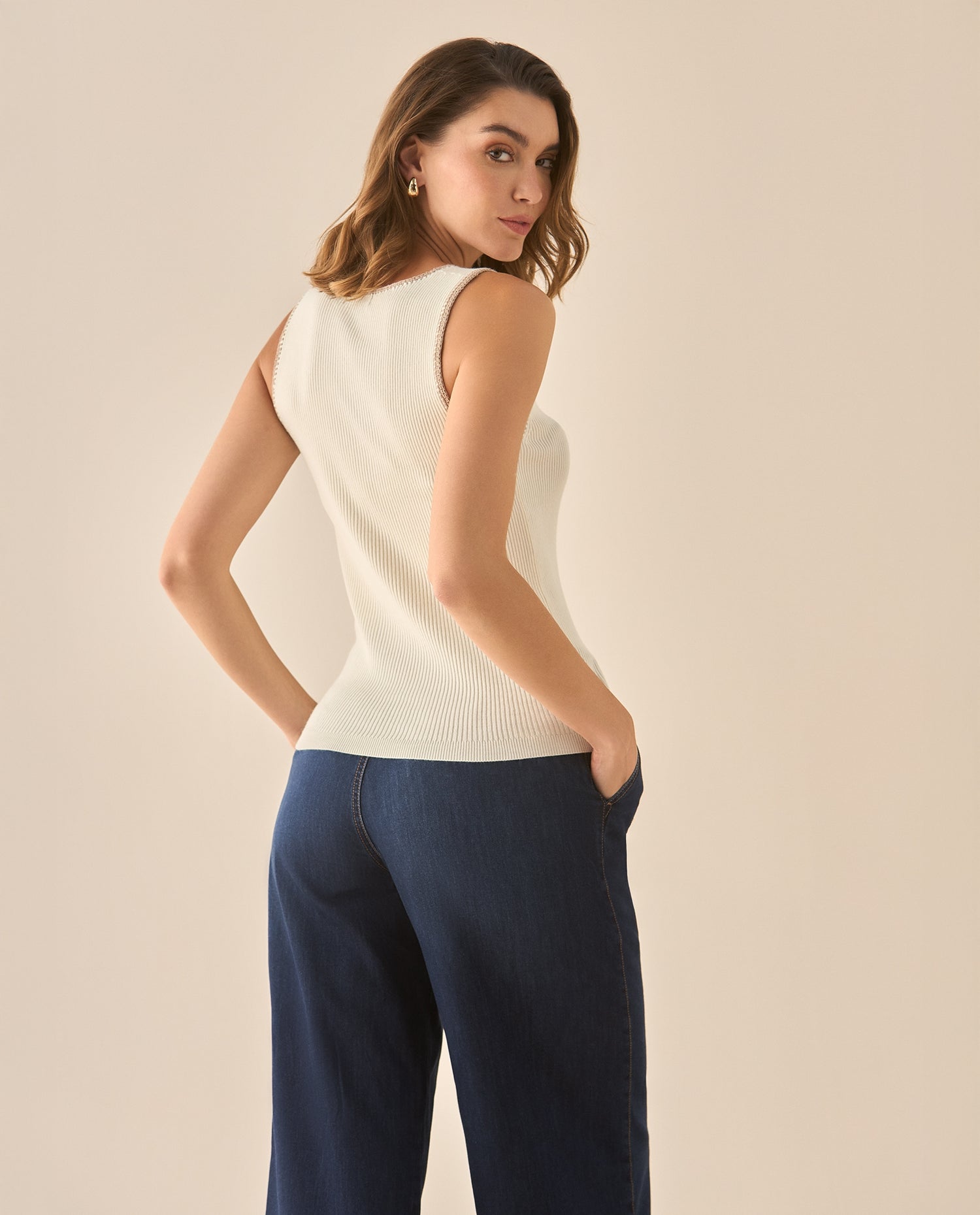 Camisa tejida con escote en V para mujer - Crudo