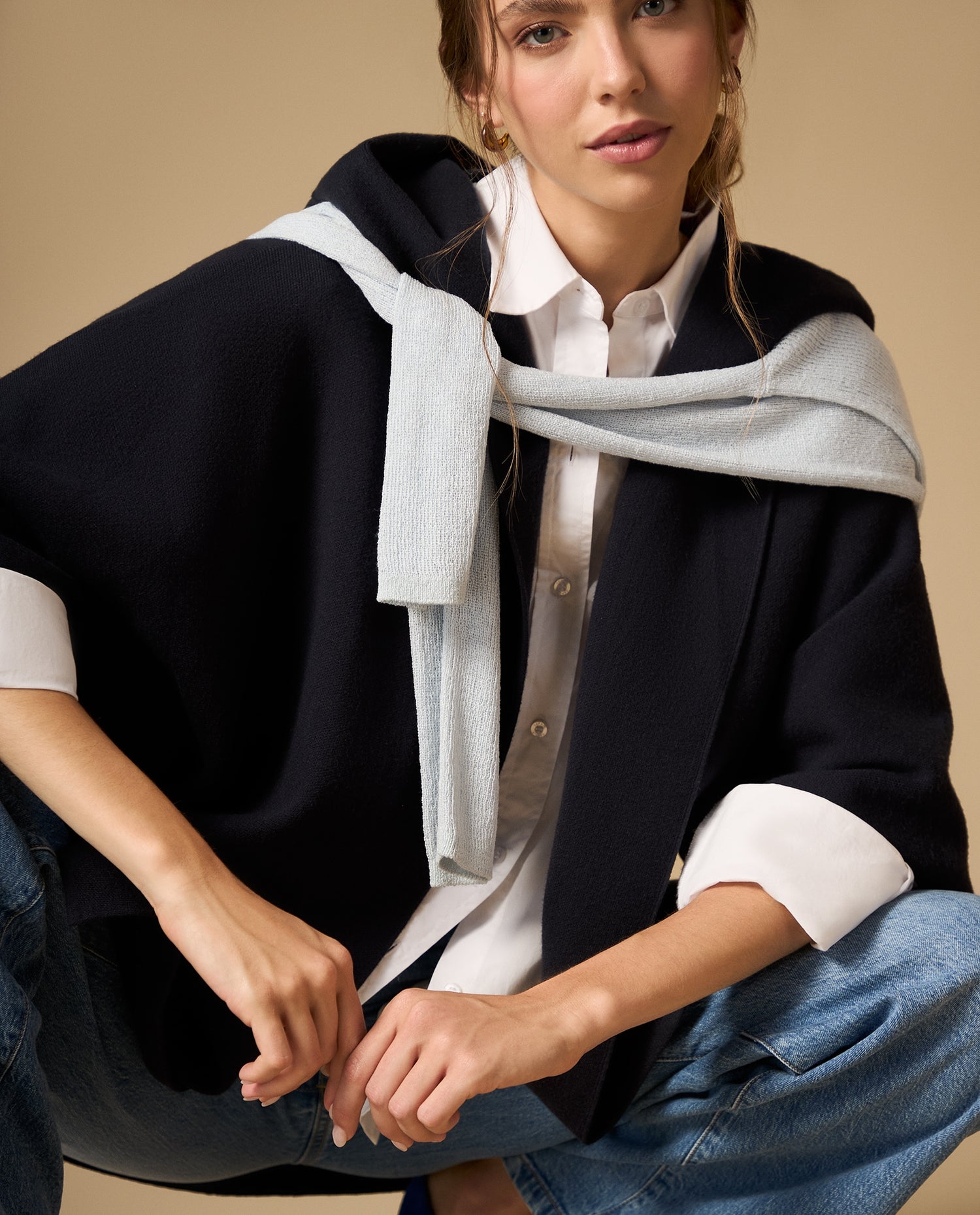 Capa tejida con cuello tipo ojal silueta cardigan - Azul