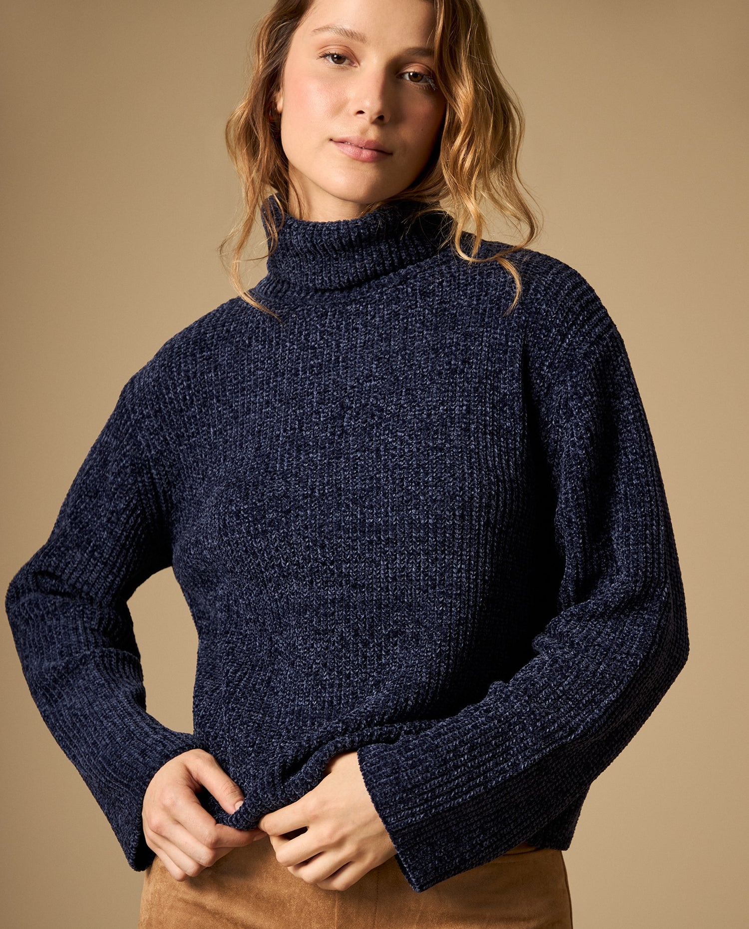 Suéter tejido cuello alto con textura acanalada - Azul