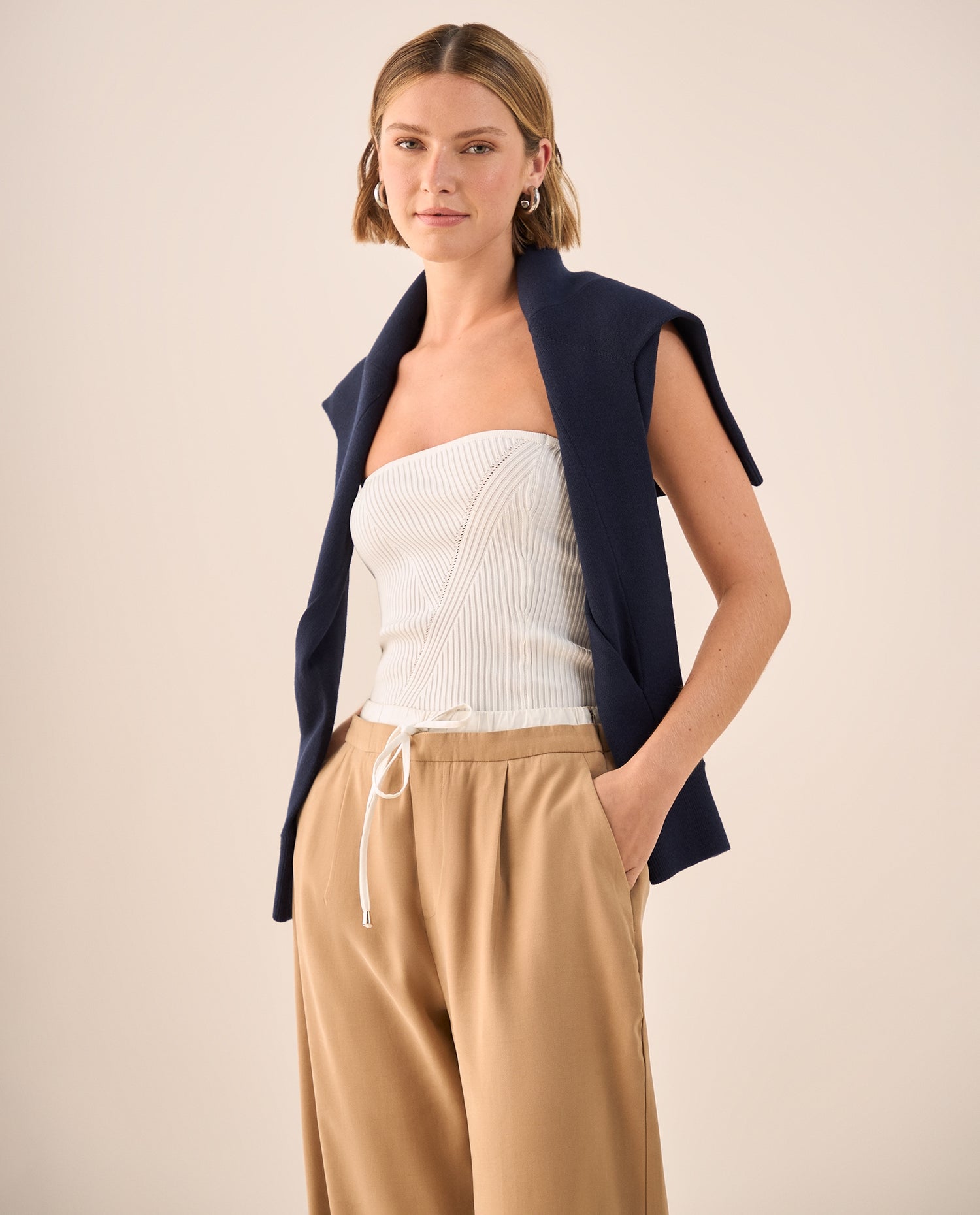 Top Strapless Acanalado con Detalle Diagonal - Blanco
