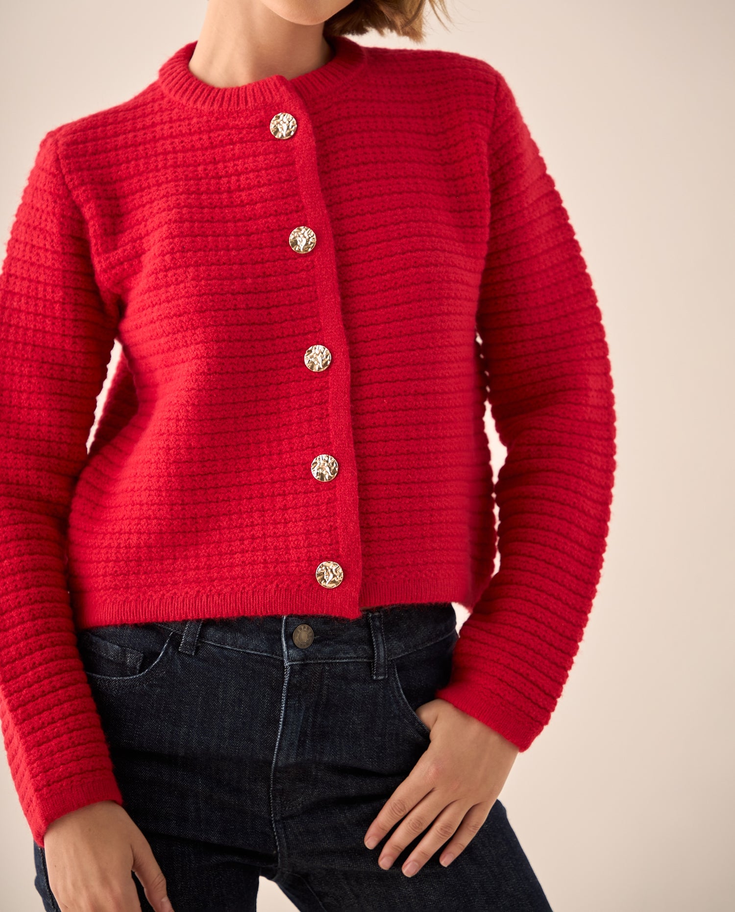 Cardigan con Textura Acanalada y Botones - Rojo