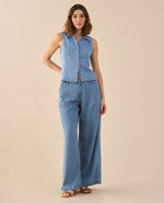 Pantalón Wide Leg tono medio para mujer - Azul