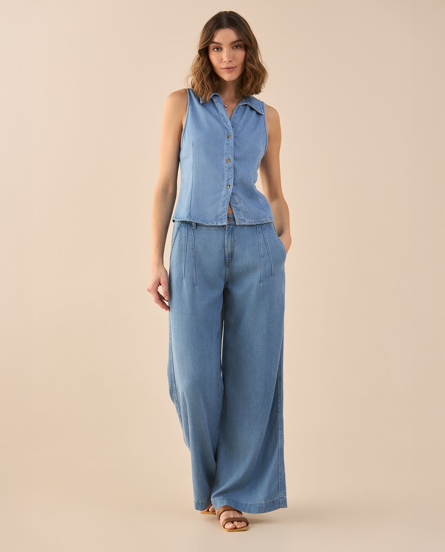 Pantalón Wide Leg tono medio para mujer - Azul