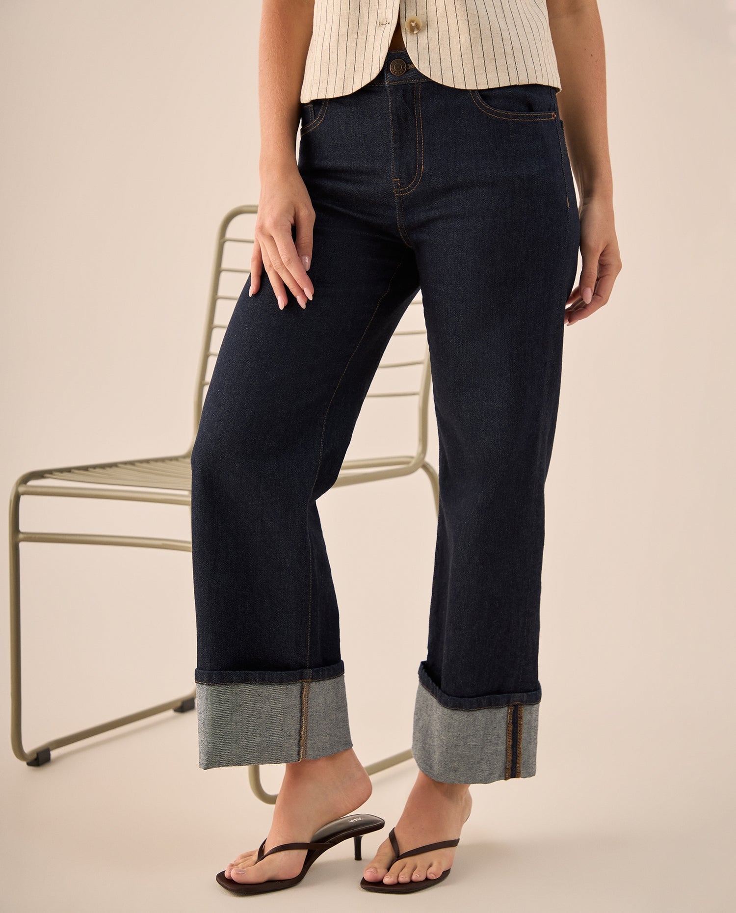 Jean Straight Azul Oscuro con Dobladillo Único - Azul