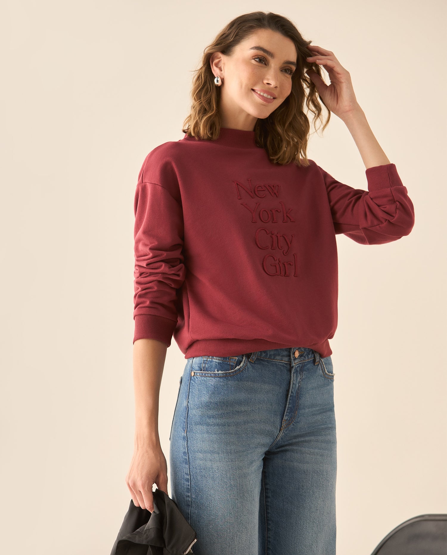 Buzo cuello redondo bordado para mujer  - Rojo