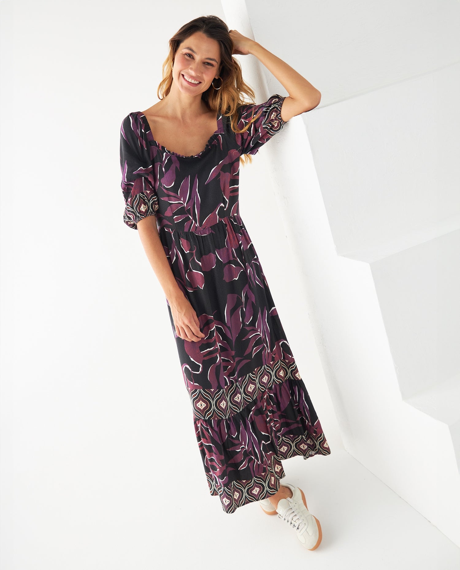 Vestido midi estampado para mujer - Morado