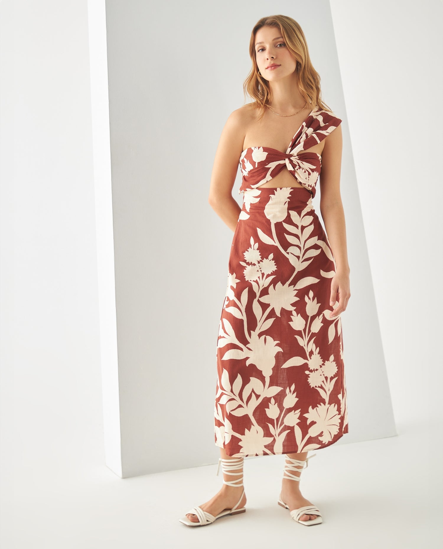 Vestido midi estampado para mujer - Café