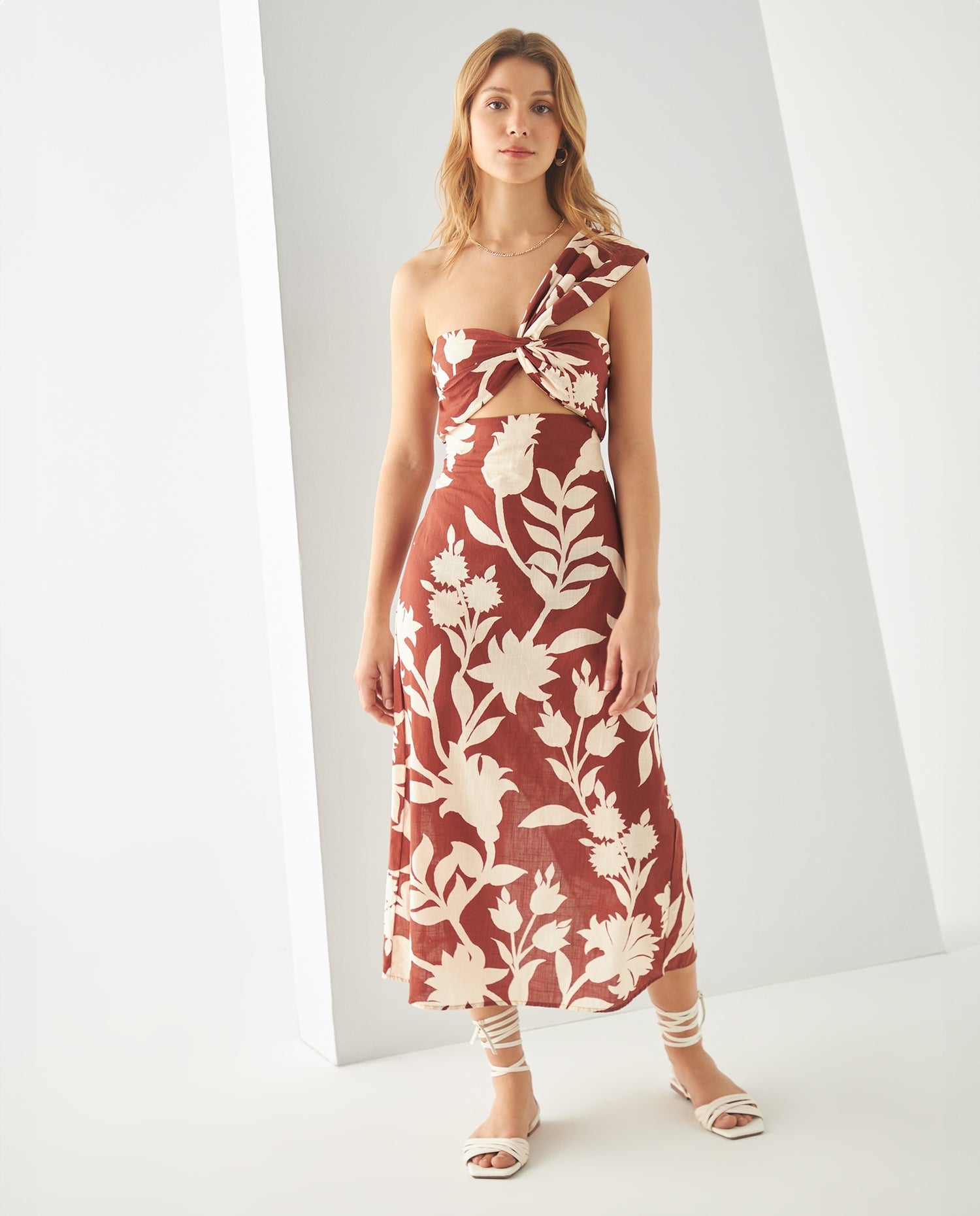 Vestido midi estampado para mujer - Café