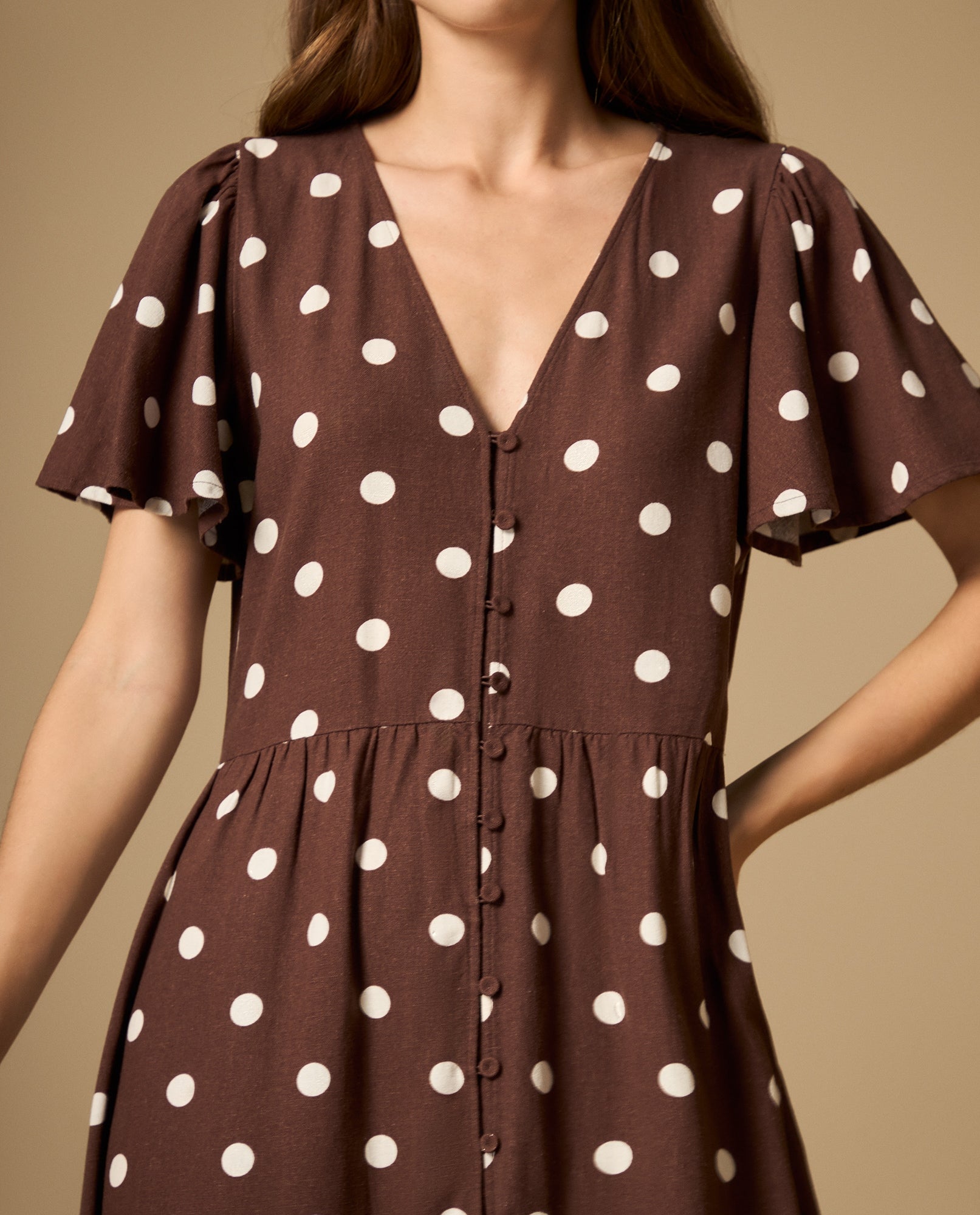 Vestido largo con botonadura frontal y manga con vuelo - Cafe 34_492H000_CAF191215_3