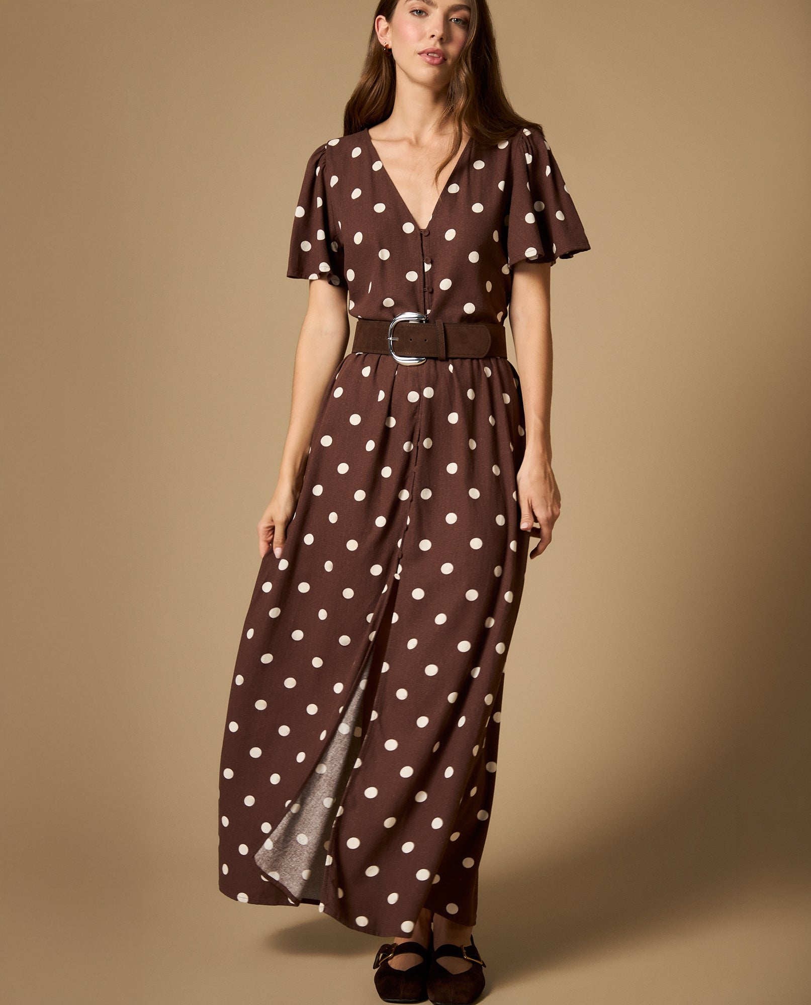 Vestido largo con botonadura frontal y manga con vuelo - Cafe 34_492H000_CAF191215_5