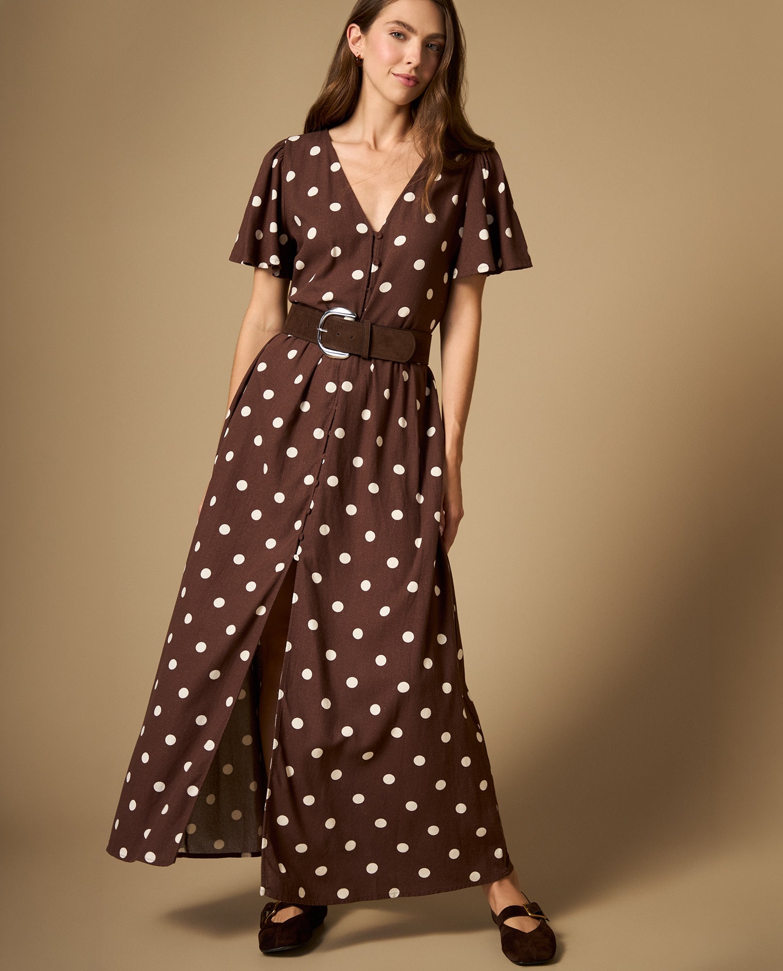 Vestido largo con botonadura frontal y manga con vuelo - Cafe 34_492H000_CAF191215_6