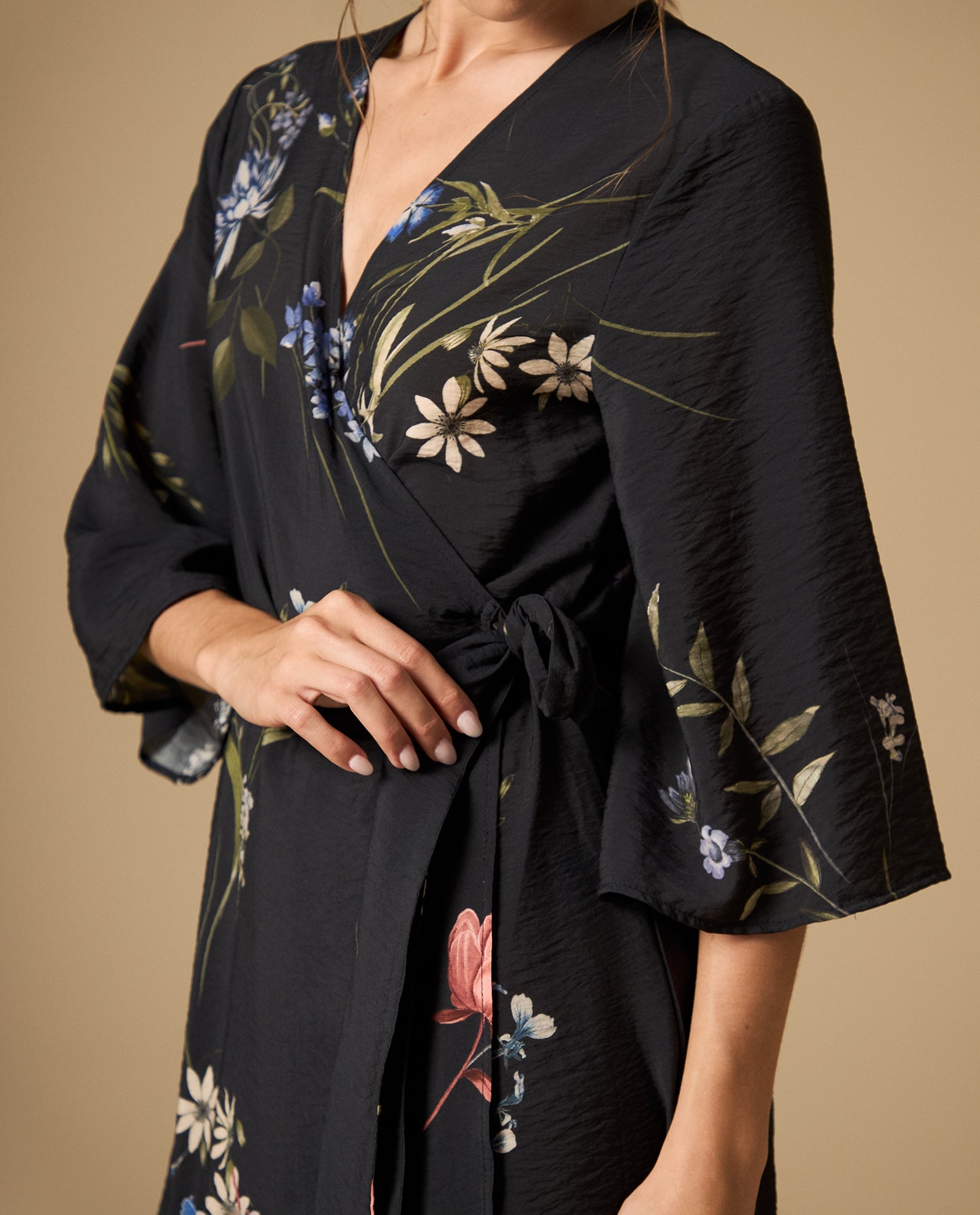 Vestido cruzado estampado manga 3/4 con amarre - Azul