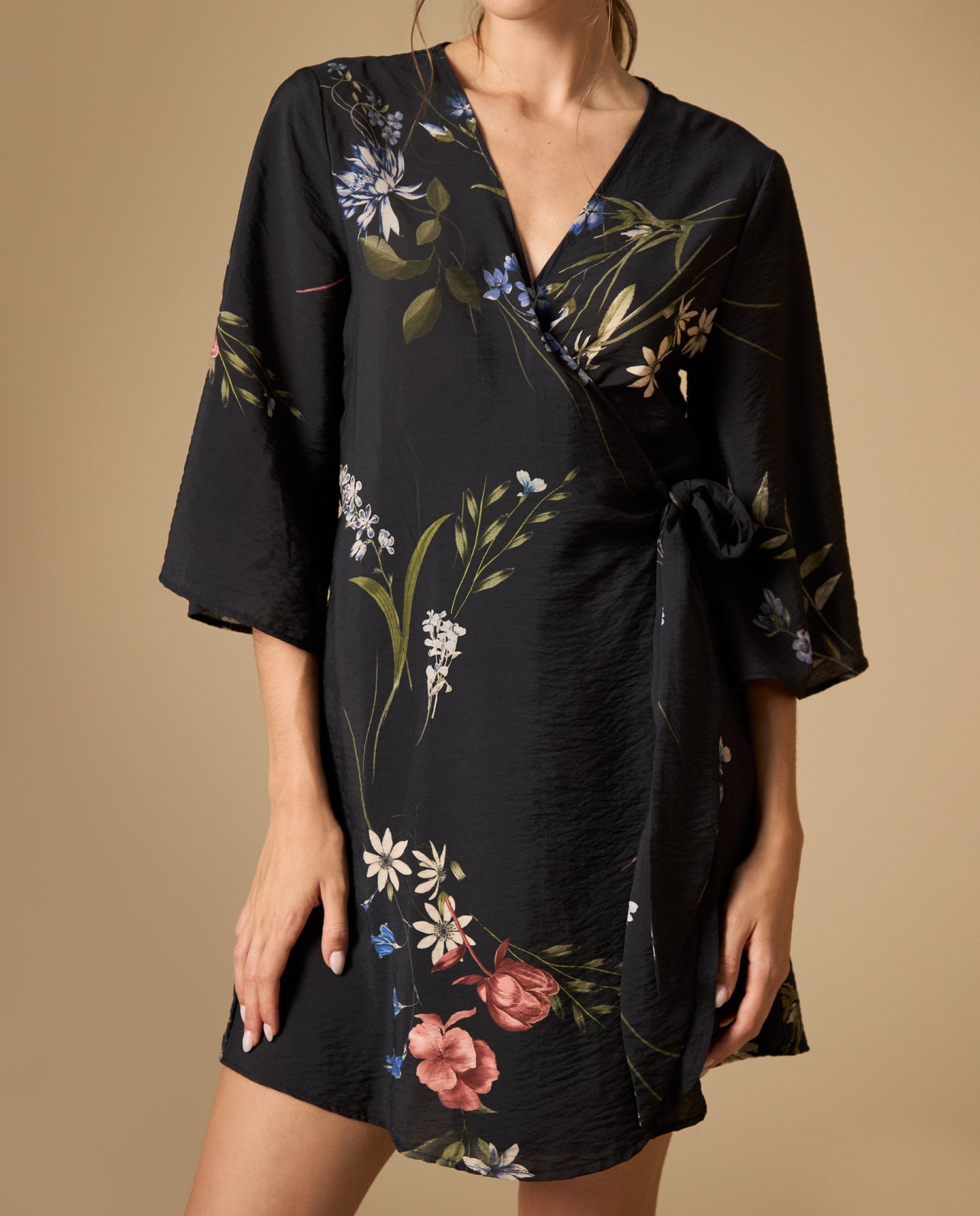 Vestido cruzado estampado manga 3/4 con amarre - Azul