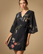 Vestido cruzado estampado manga 3/4 con amarre - Azul