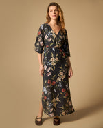 Vestido largo estampado con escote en V y manga abullonada - Azul